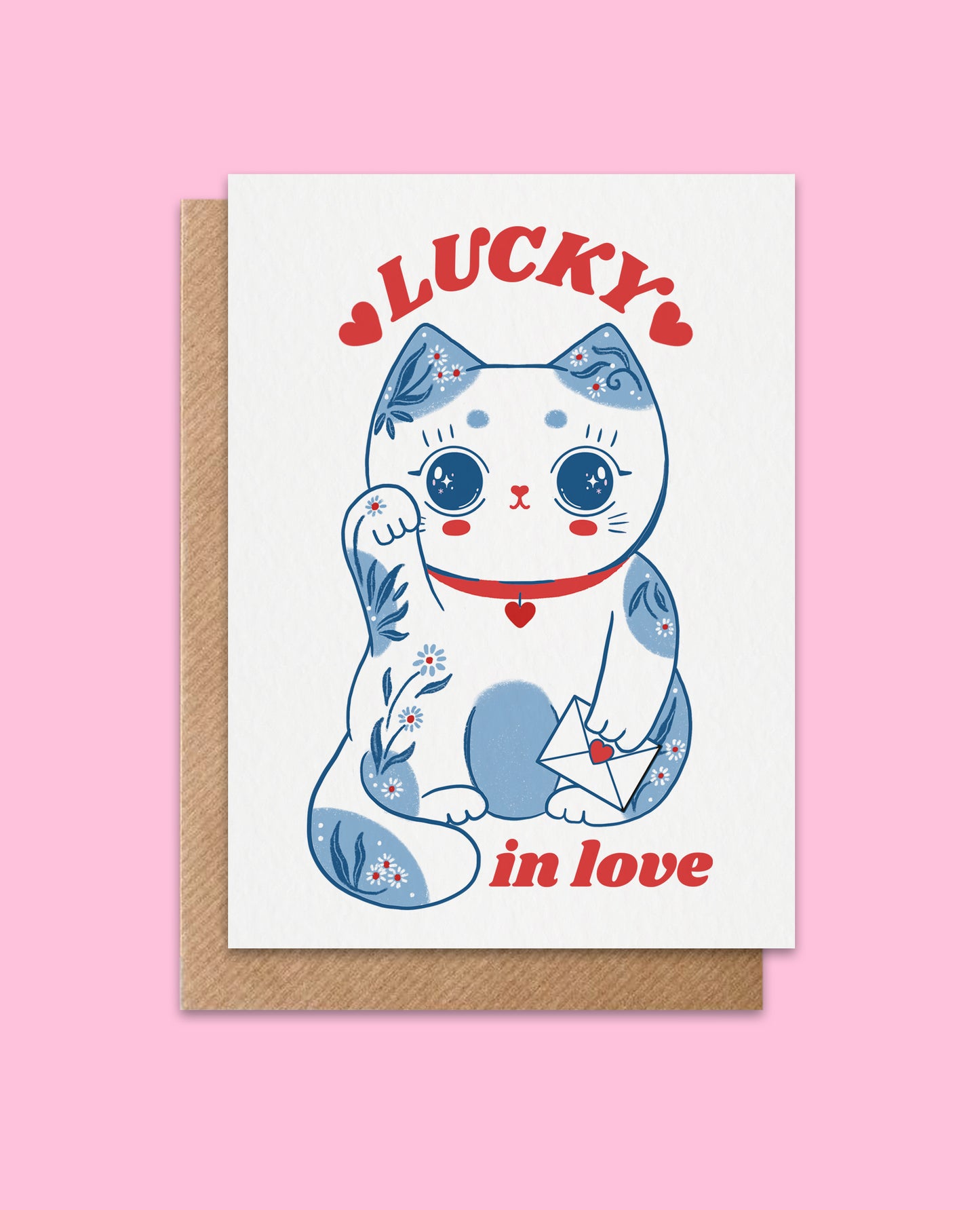 Kawaii Valentine's Day card featuring a lucky cat with the message 'Lucky in Love