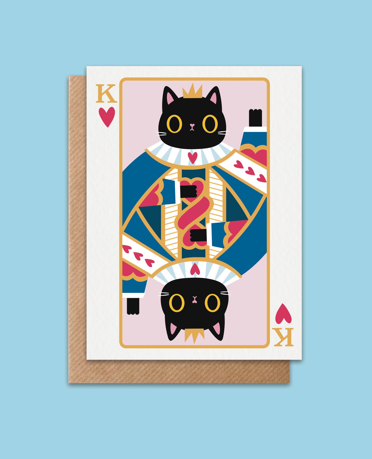 Valentine’s or anniversary card featuring a cute black cat dressed as the King of Hearts, perfect for cat lovers.