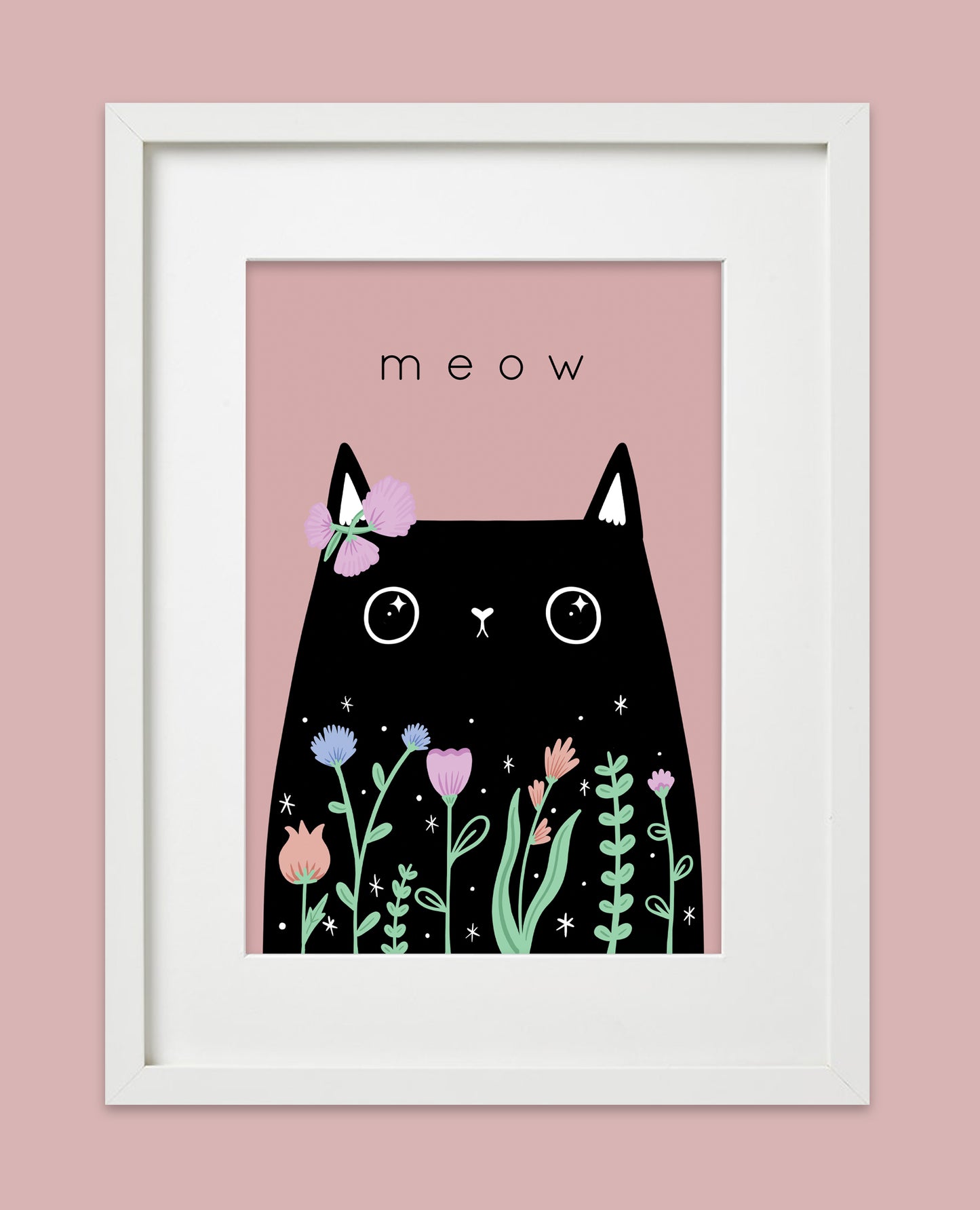 Floral Black Cat Art Print – Cute Meow Cat Print, Perfect Birthday Gift for Cat Lovers