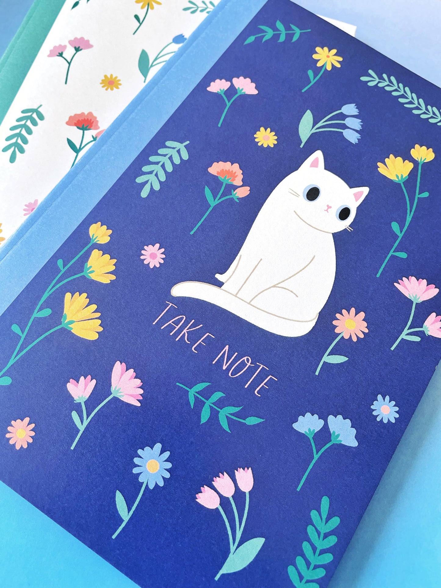 Eco-Friendly Wildflower A5 Notebook with White Cat Illustration – Cute Recycled Stationery for Cat Lovers