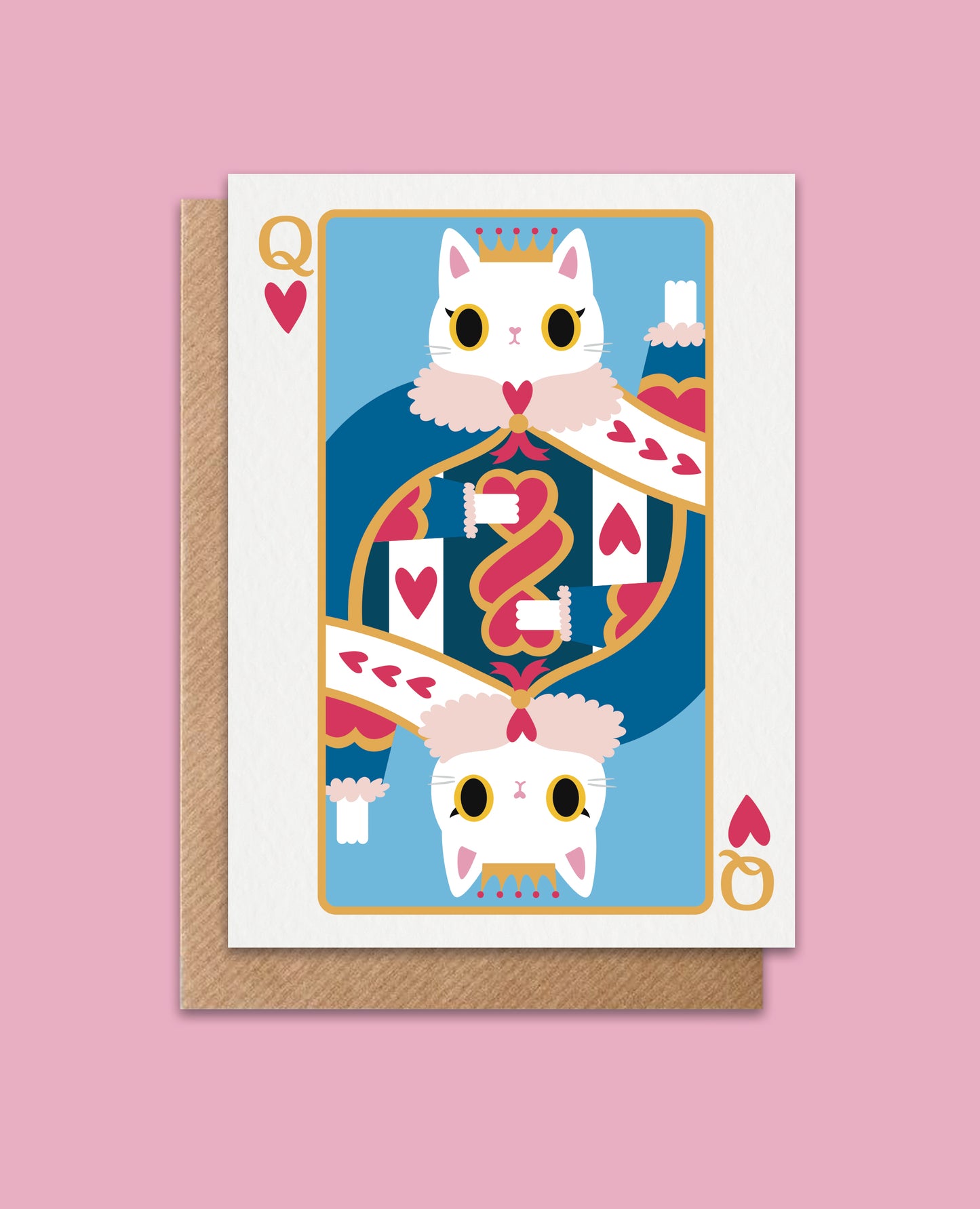 Valentine’s or anniversary card featuring a cute white cat dressed as the Queen of Hearts, ideal for cat lovers