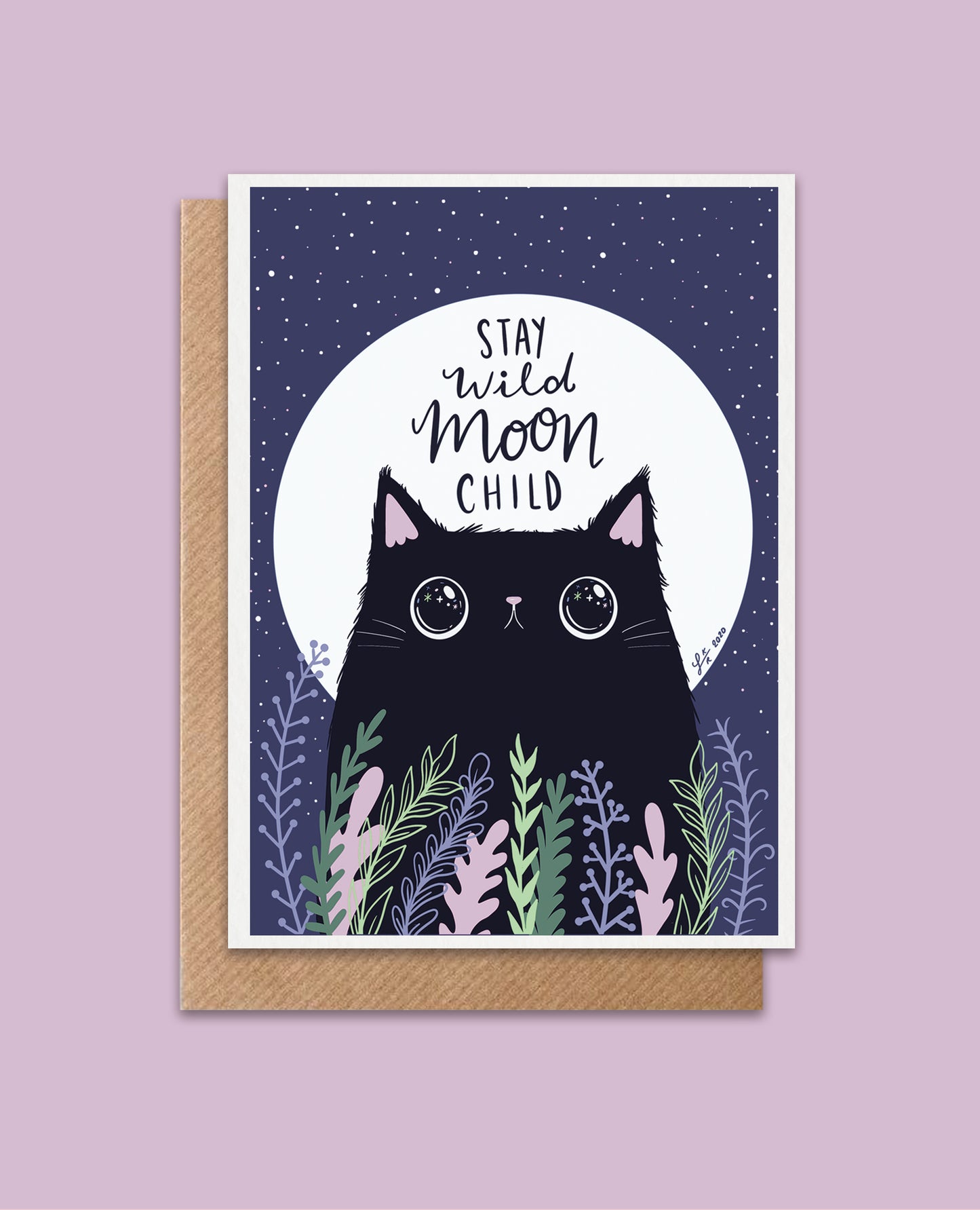 Stay wild moon child greeting card black cat card under the moon greeting card
