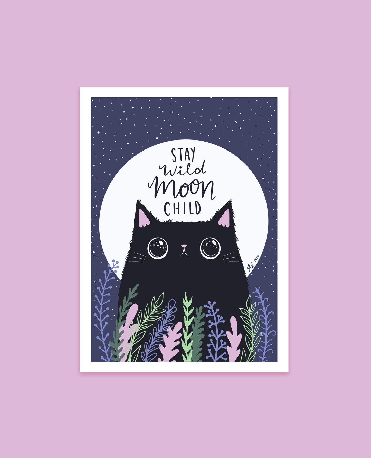 Stay Wild Moon Child Cat Art Print featuring a mystical cat gazing at a starry night sky illuminated by a full moon – ideal for cat lovers and whimsical art enthusiasts.