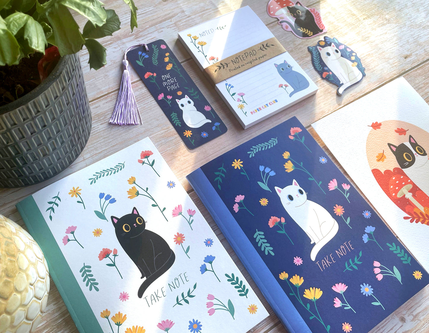 Eco-Friendly Wildflower A5 Notebook with White Cat Illustration – Cute Recycled Stationery for Cat Lovers