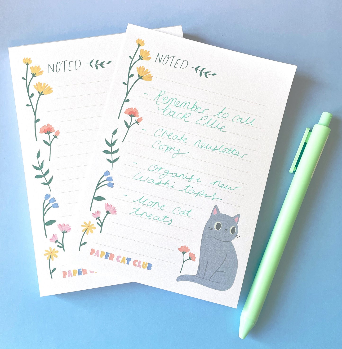 Eco-Friendly Wildflower A6 Notepad with Grey Cat Illustration – Cute Recycled Stationery for Cat Lovers