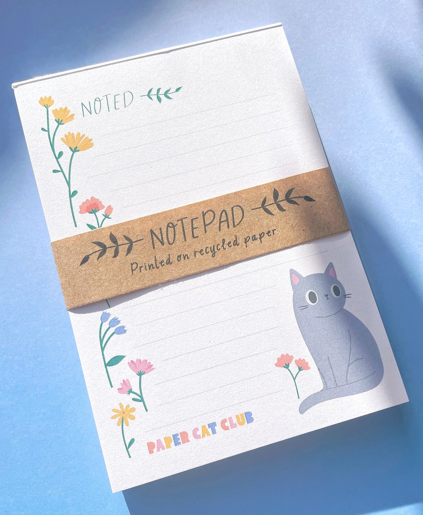 Eco-Friendly Wildflower A6 Notepad with Grey Cat Illustration – Cute Recycled Stationery for Cat Lovers