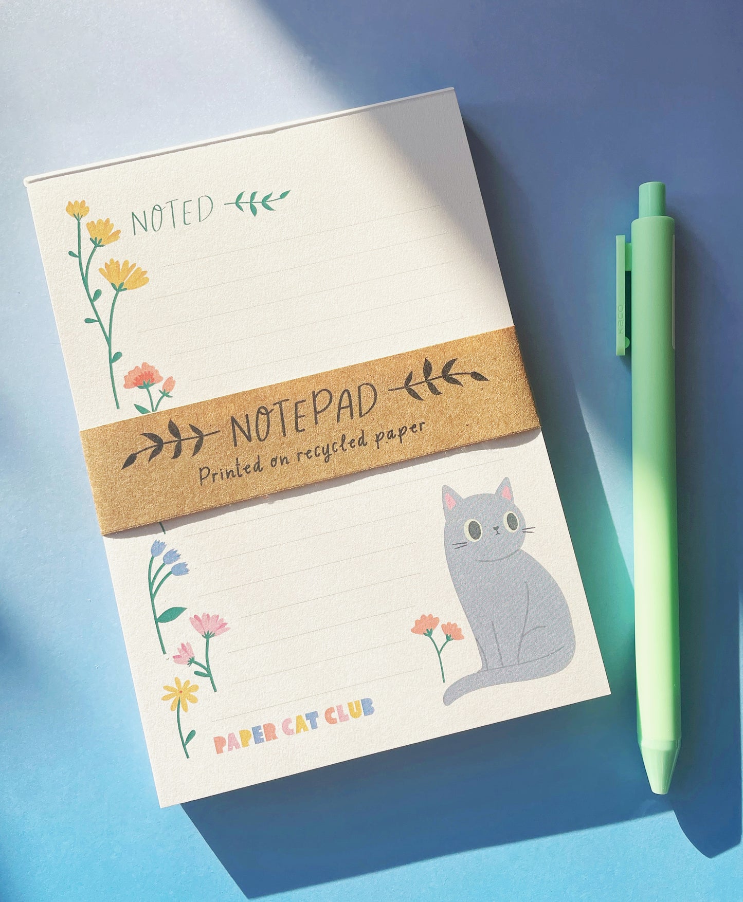 Eco-Friendly Wildflower A6 Notepad with Grey Cat Illustration – Cute Recycled Stationery for Cat Lovers