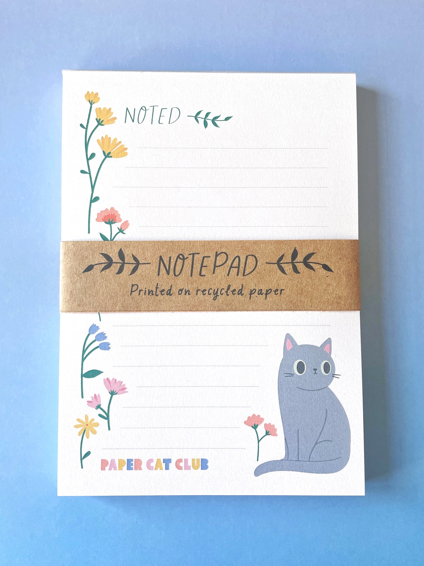 Eco-Friendly Wildflower A6 Notepad with Grey Cat Illustration – Cute Recycled Stationery for Cat Lovers
