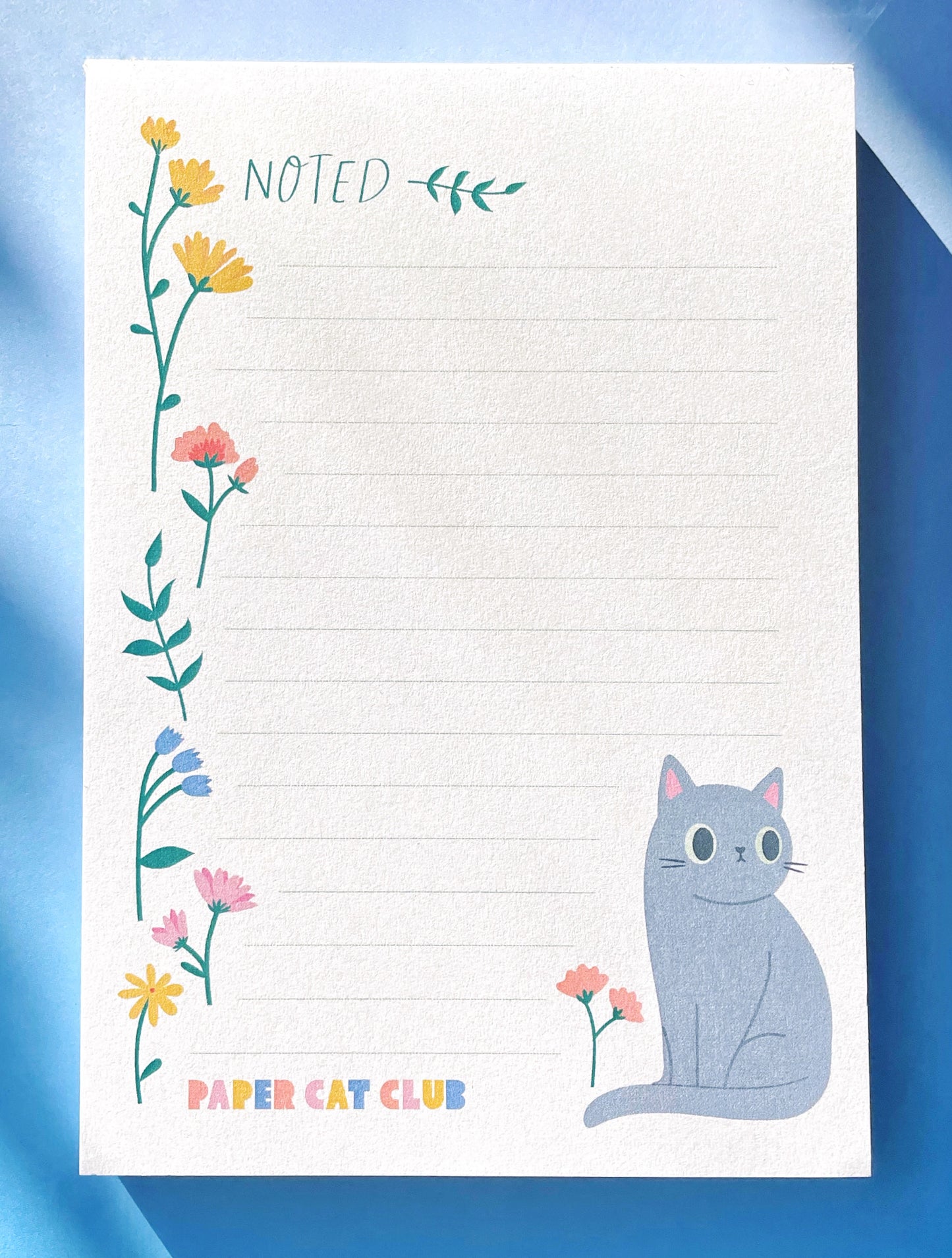 Wildflower A6 Notepad with Grey Cat Illustration,