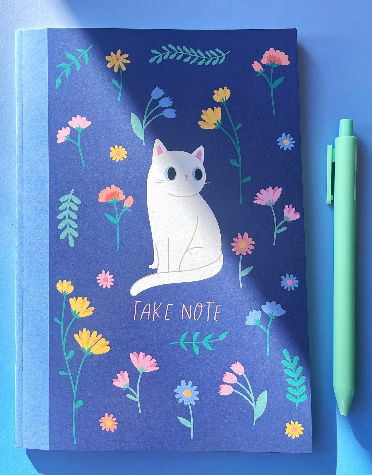 Wildflower A5 Notebook with White Cat Illustration,