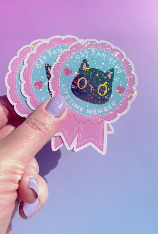 Kawaii sparkly rosette-shaped Cat Fan Club vinyl sticker with holographic shine