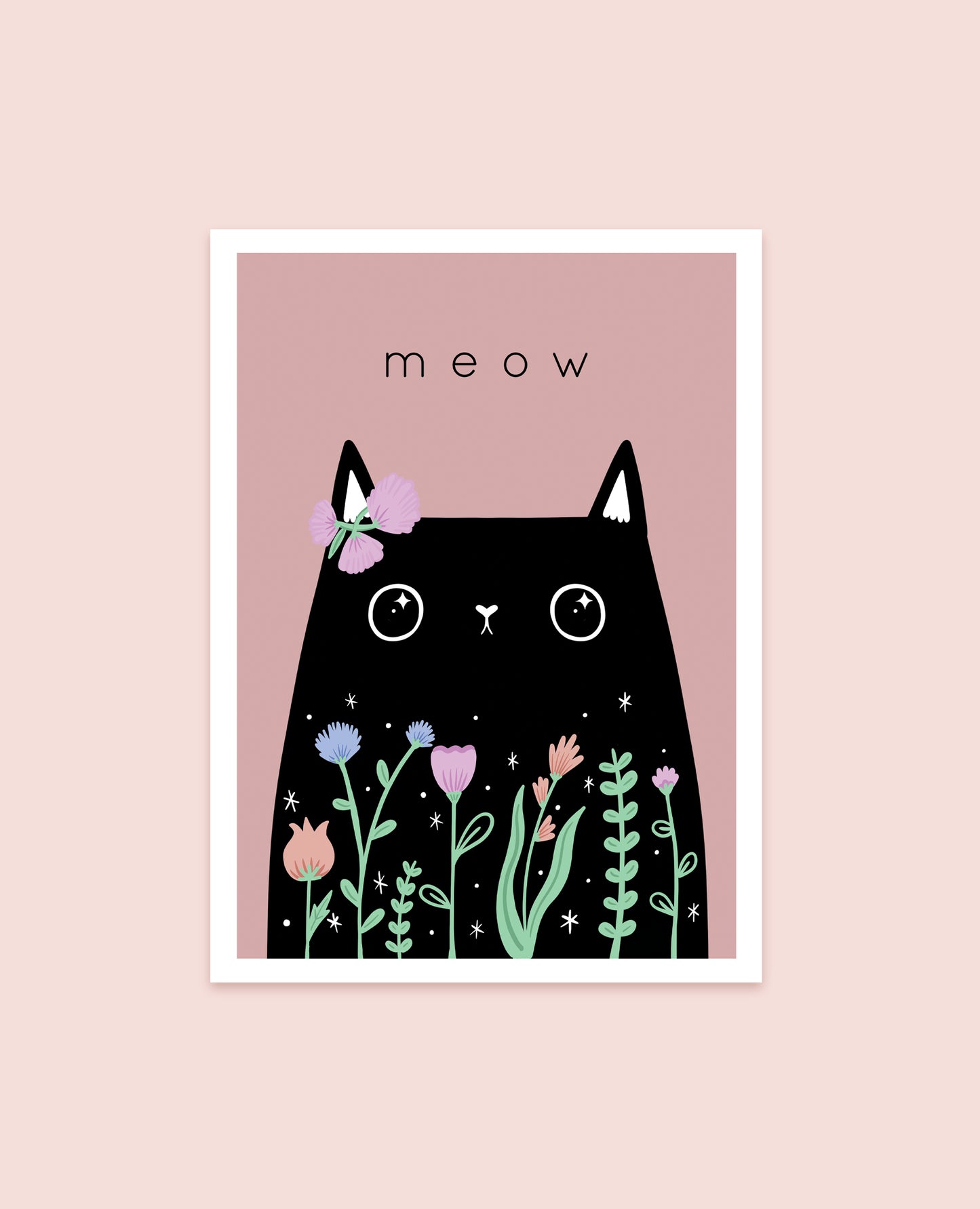 Floral cat art print with a cute kitty saying 'meow', perfect for cat lovers and home décor