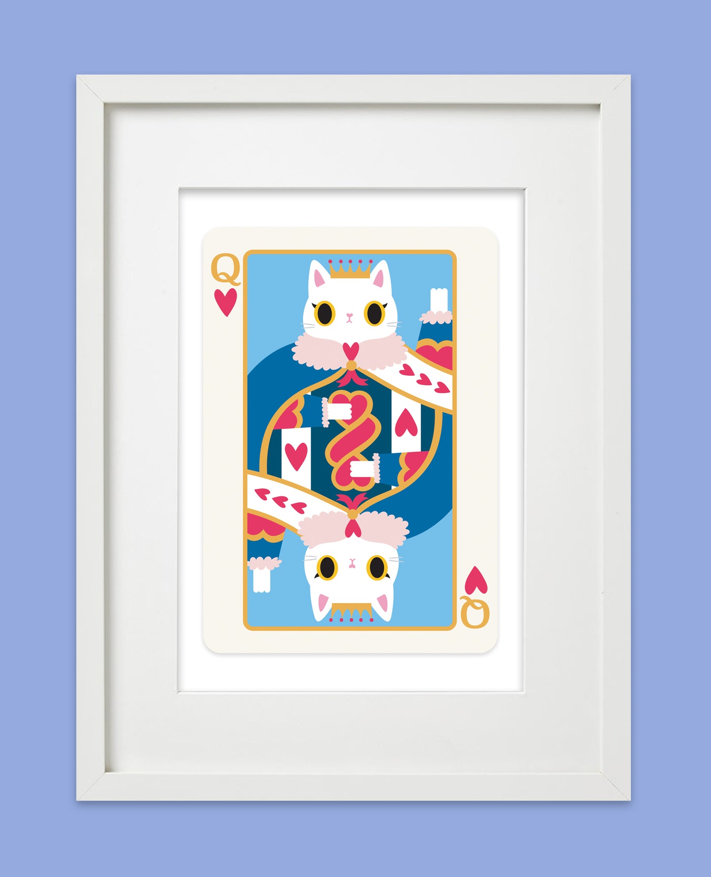 Framed Queen of Hearts Cat Art Print featuring a regal cat with a crown, perfect for Valentine’s Day.