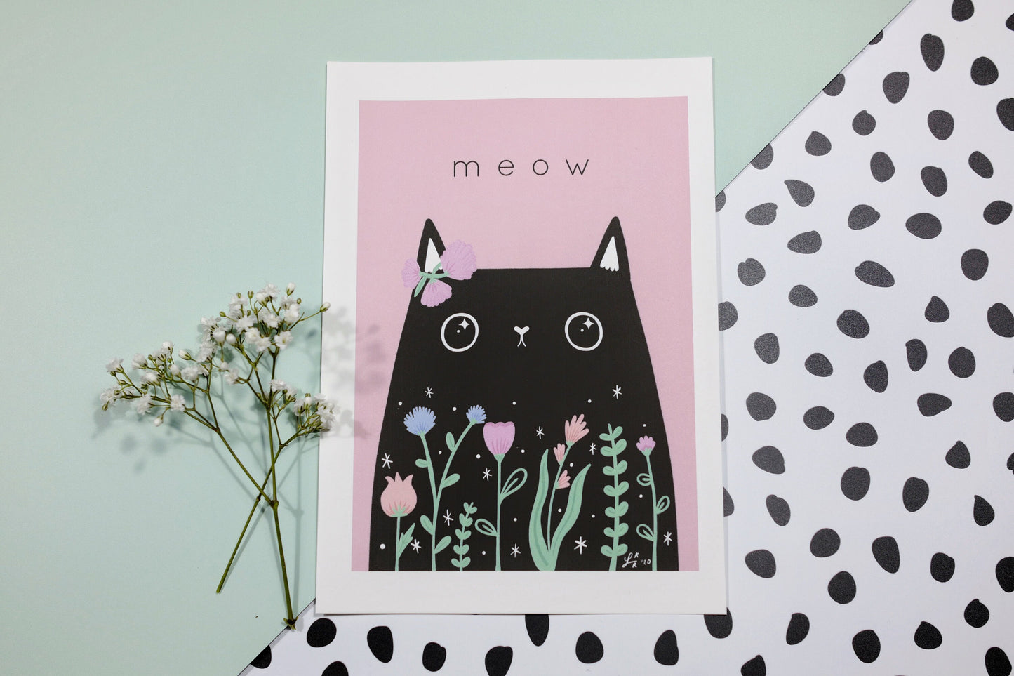 Floral Black Cat Art Print – Cute Meow Cat Print, Perfect Birthday Gift for Cat Lovers