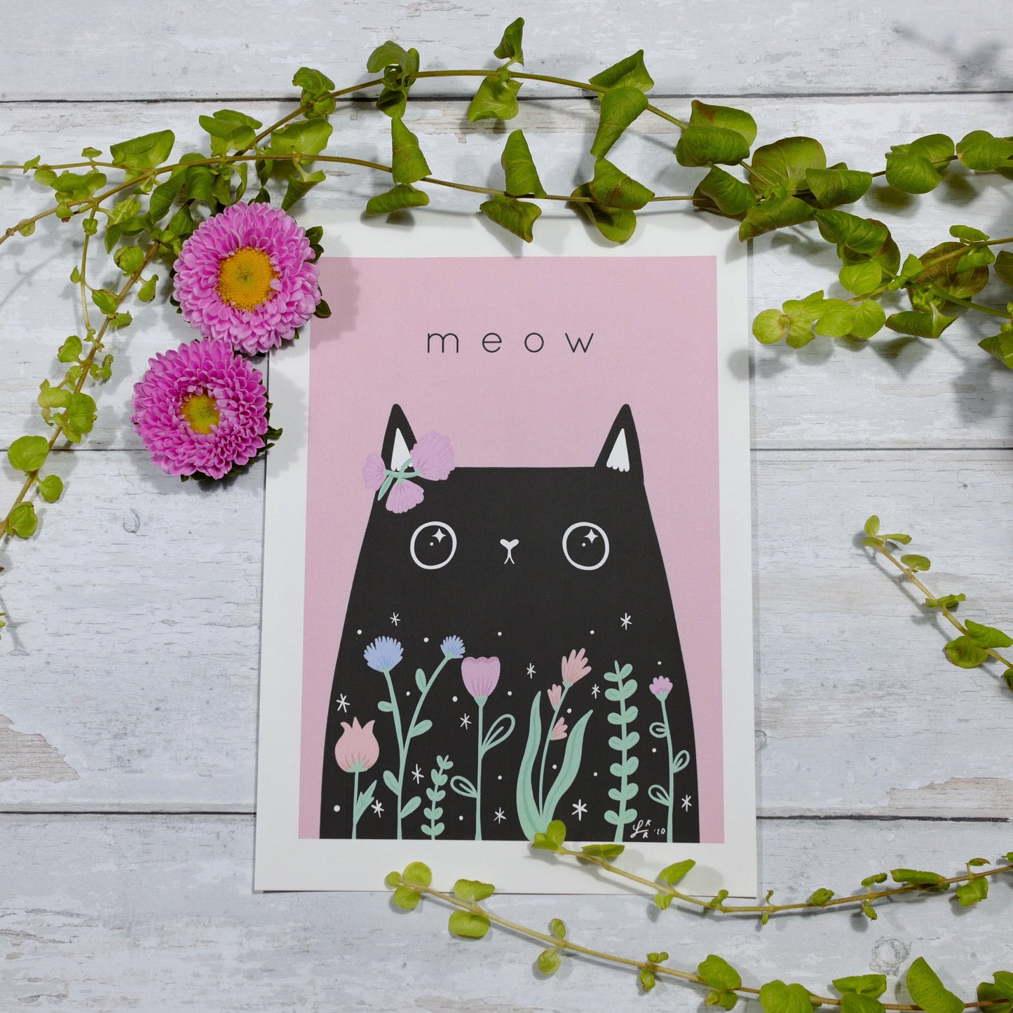 Floral Black Cat Art Print – Cute Meow Cat Print, Perfect Birthday Gift for Cat Lovers