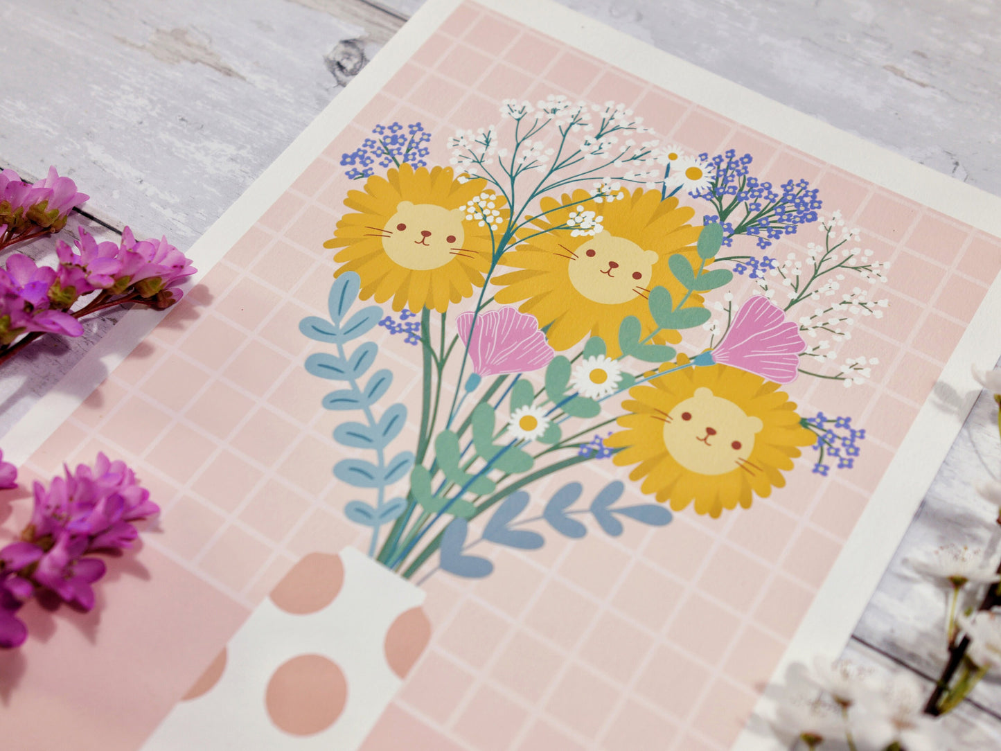 Floral sunflowers lions bouquet in vase cute art print