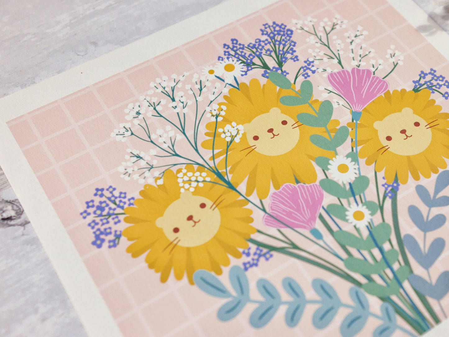 Floral sunflowers lions bouquet in vase cute art print