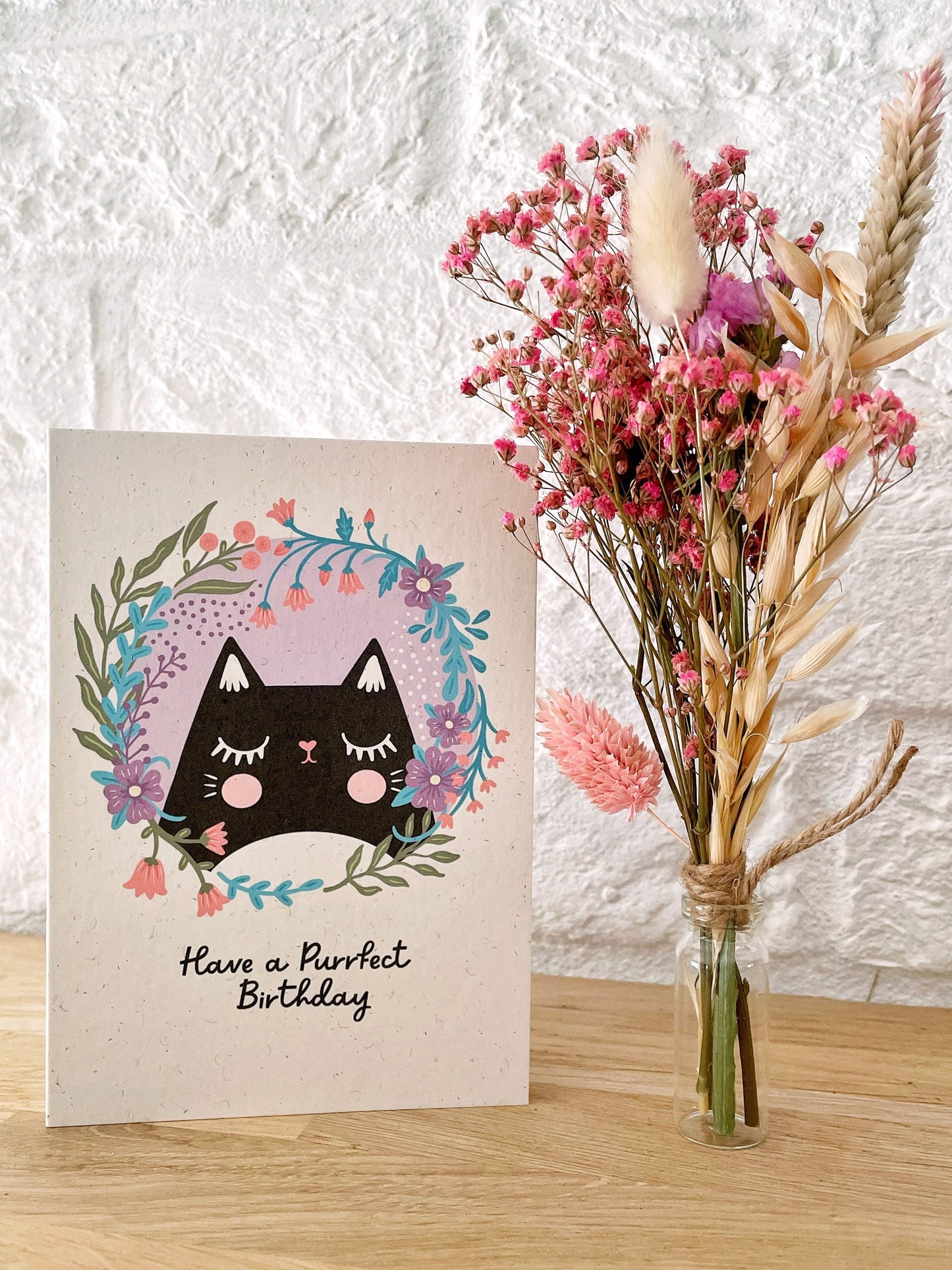 Cute Black Cat Birthday Card with Floral Design – Eco-Friendly, A6 Greeting Card for Cat Lovers