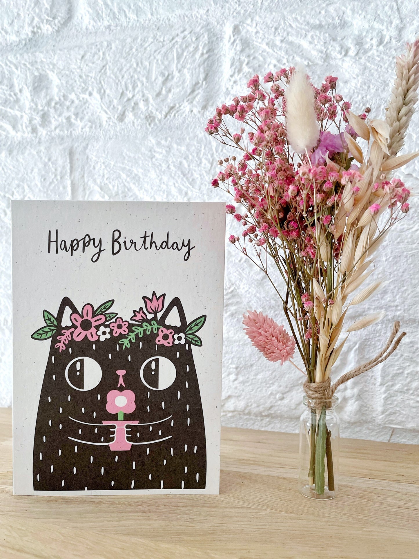 Happy Birthday Cat Card - Cute Kawaii Cat Lover Card with Flower