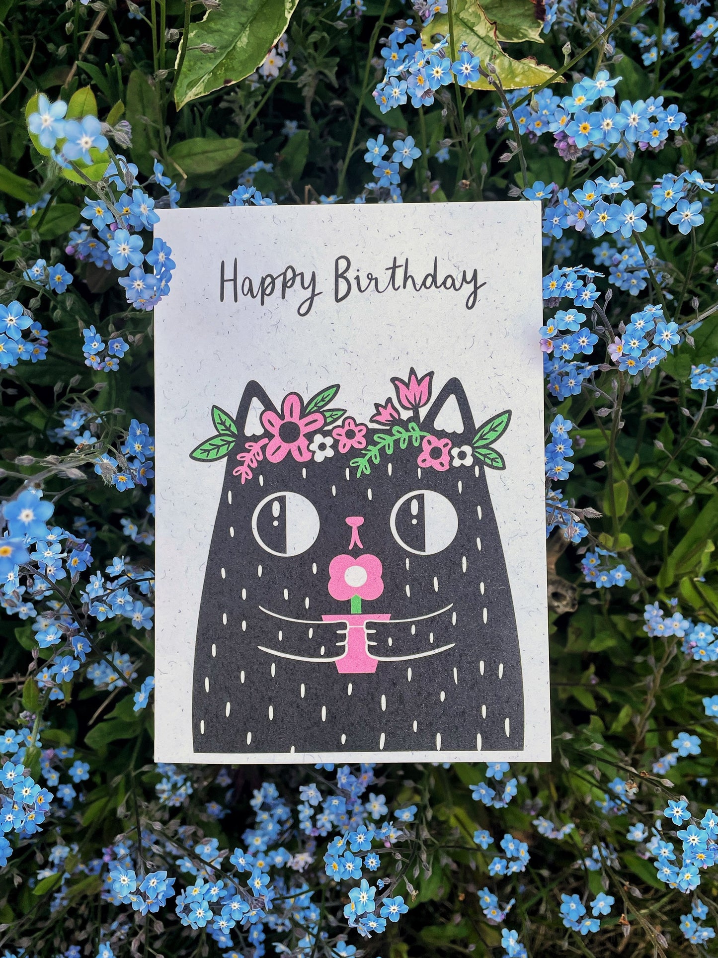 Happy Birthday Cat Card - Cute Kawaii Cat Lover Card with Flower