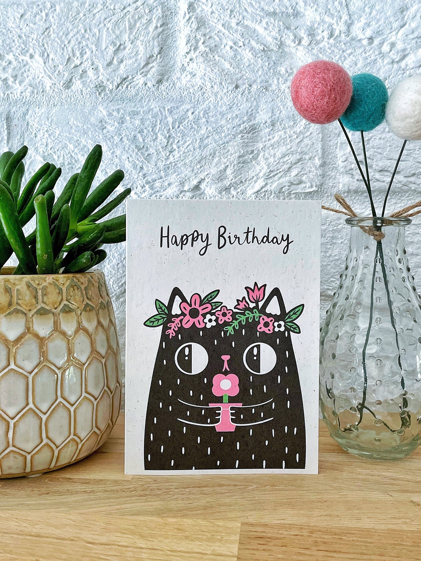 Happy Birthday Cat Card - Cute Kawaii Cat Lover Card with Flower