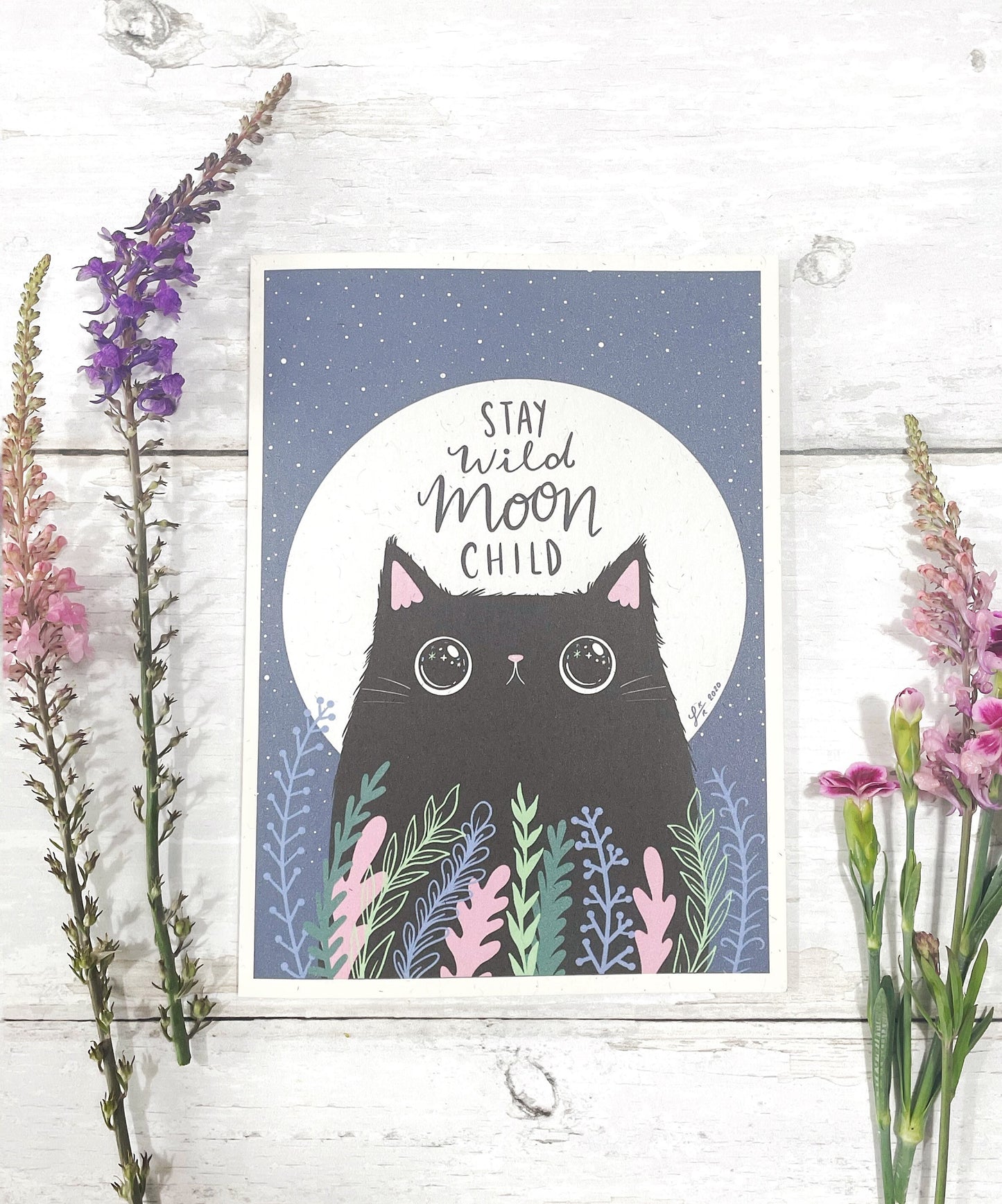 Stay wild moon child greeting card black cat card under the moon greeting card