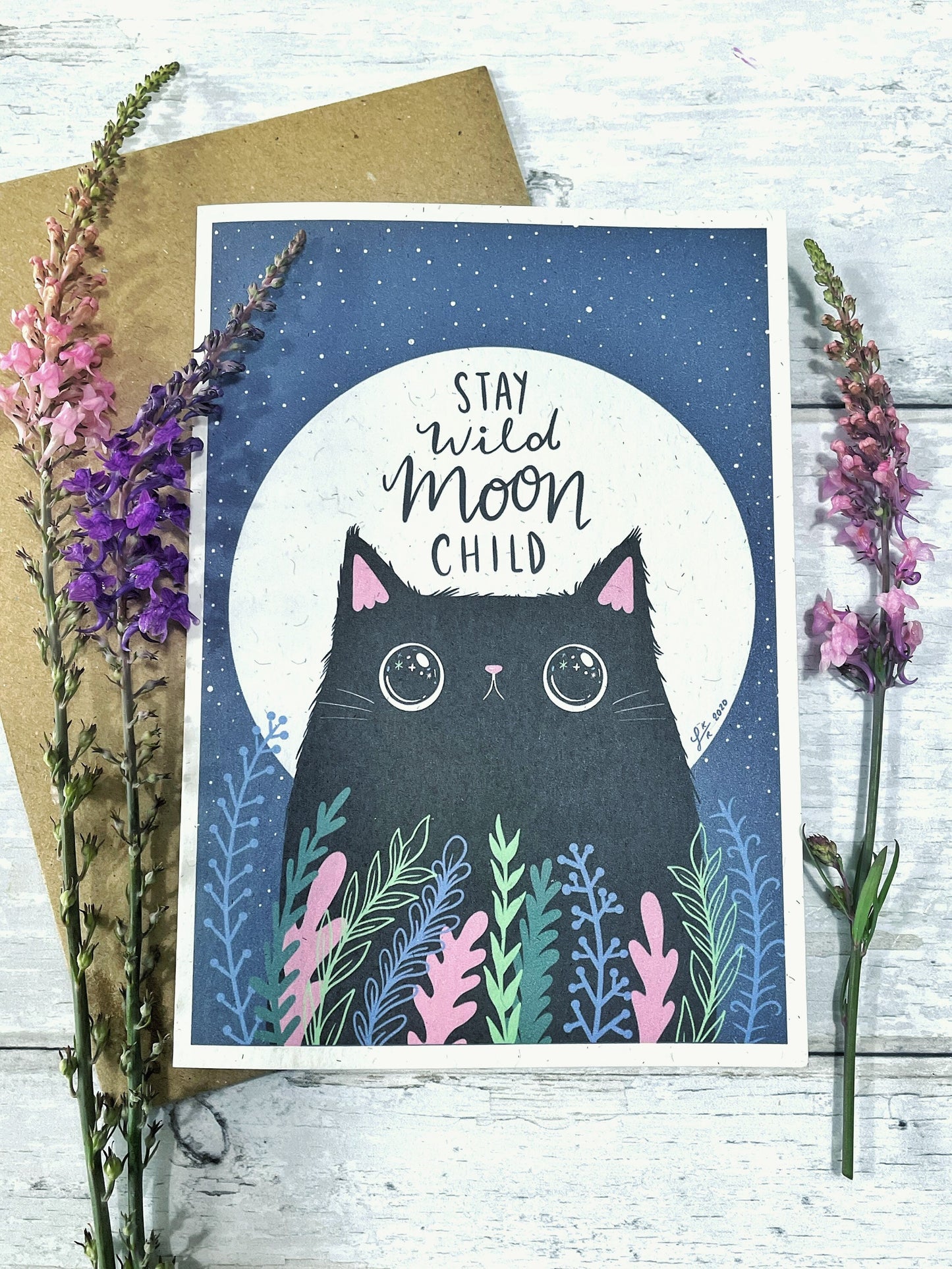 Stay wild moon child greeting card black cat card under the moon greeting card