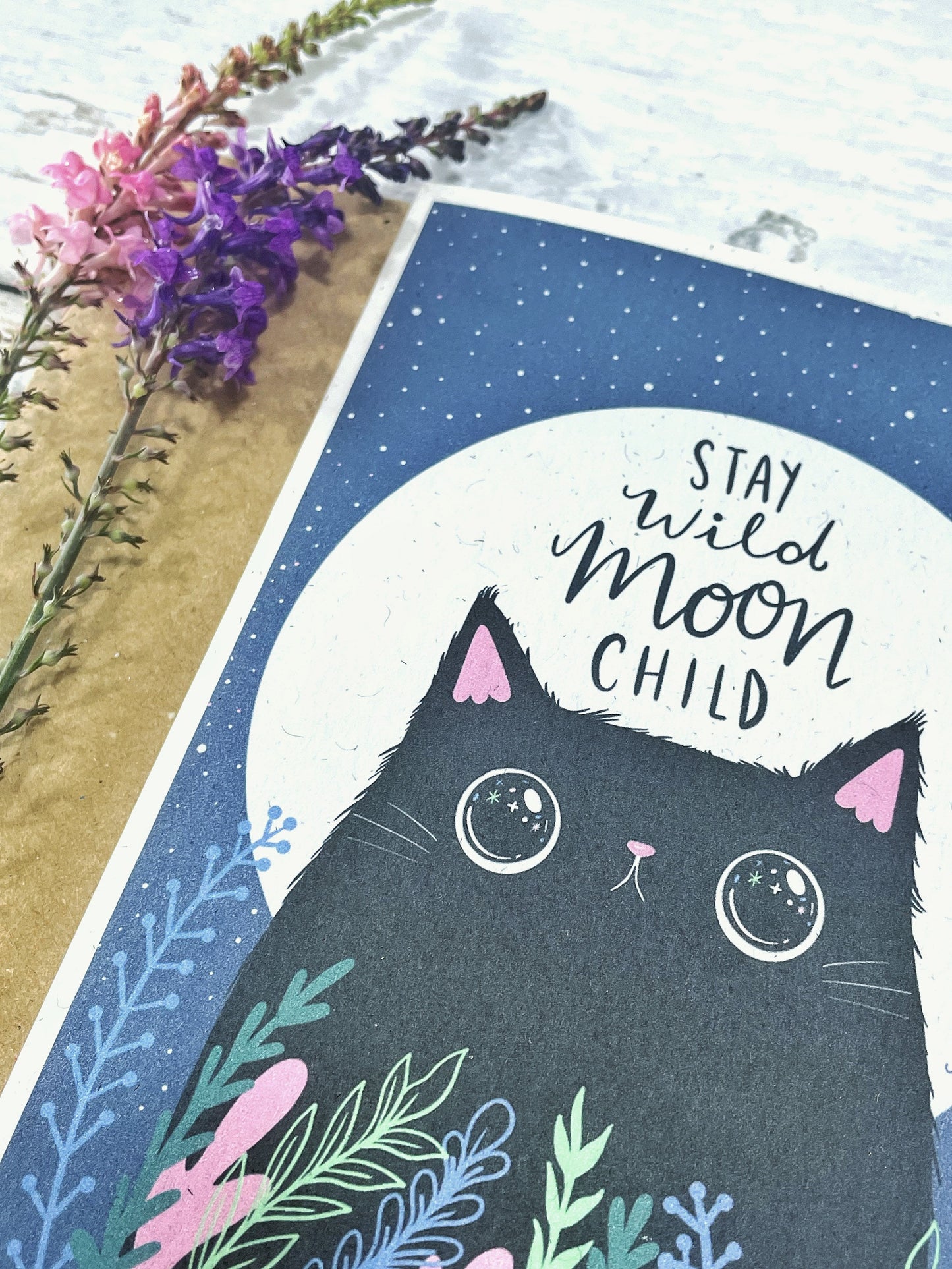 Stay wild moon child greeting card black cat card under the moon greeting card