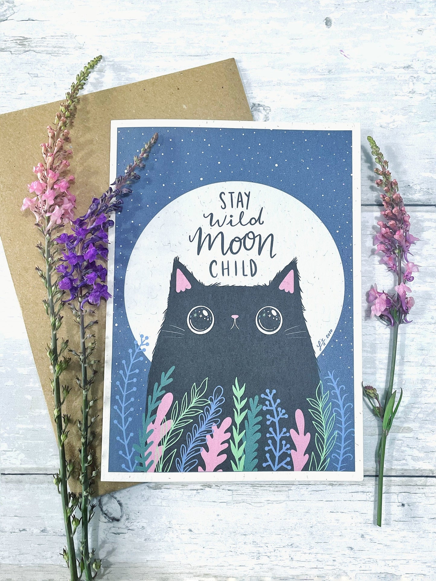 Stay wild moon child greeting card black cat card under the moon greeting card