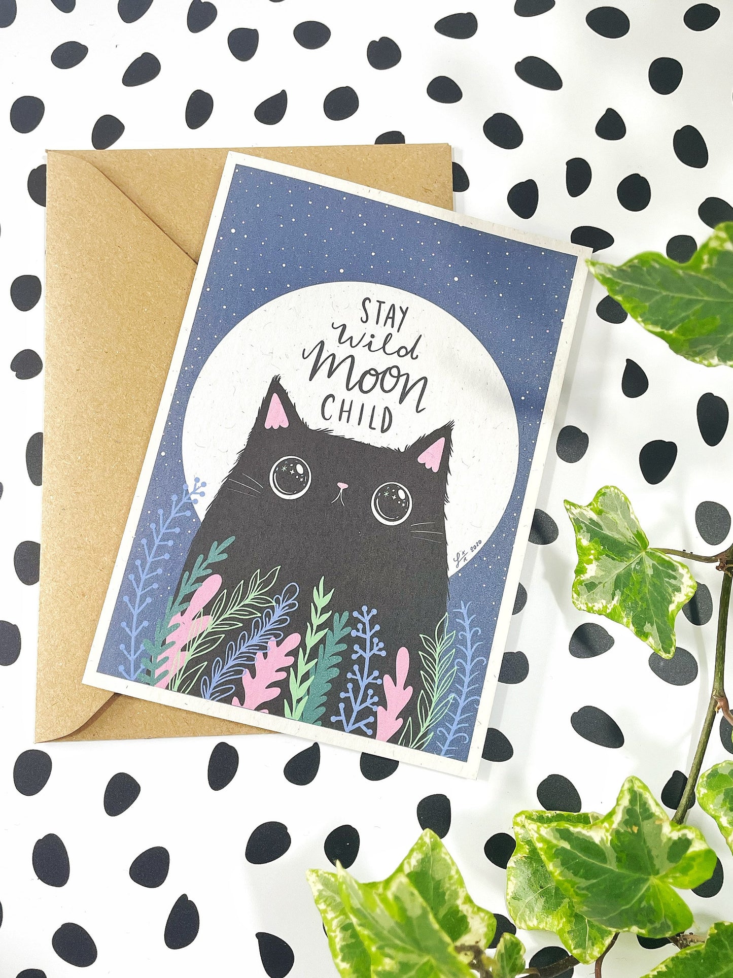 Stay wild moon child greeting card black cat card under the moon greeting card