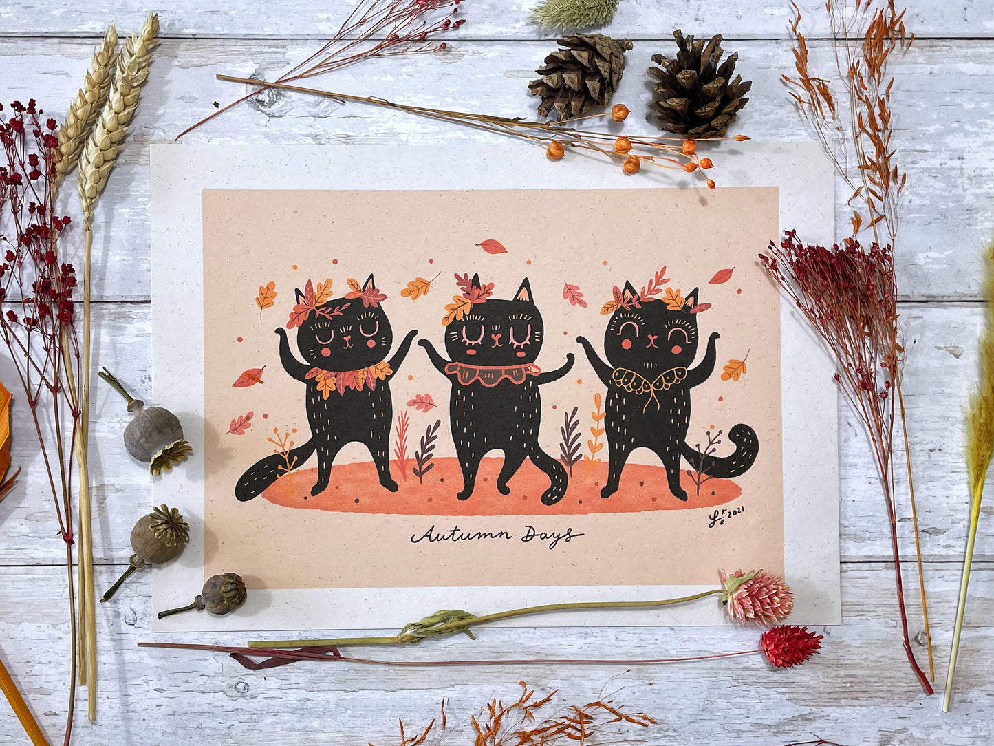 Autumn Dancing Cats Art Print – Fall Cat Print, Cat Lover Gift, Cozy Autumn Decor