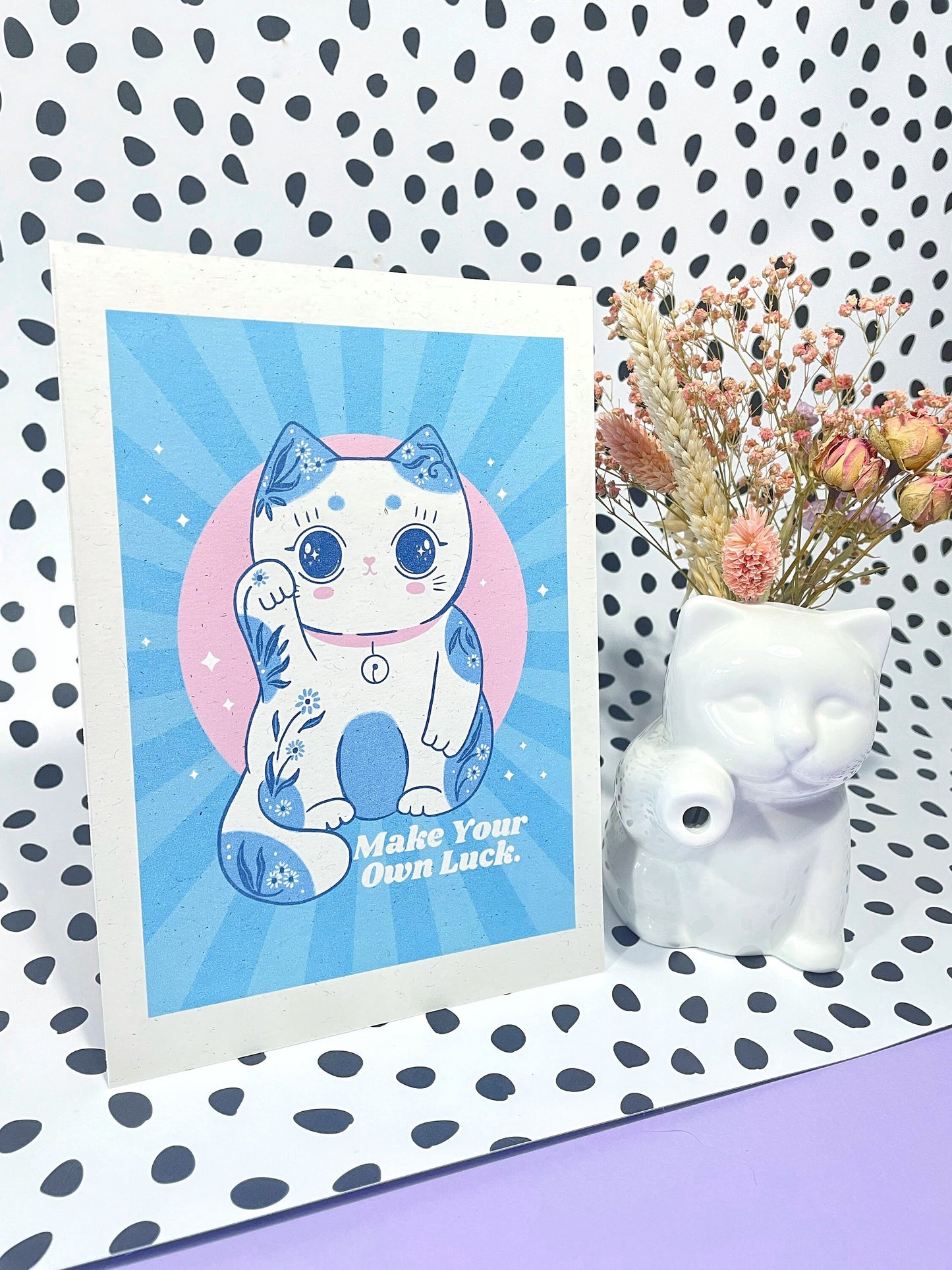 Lucky Cat Art Print – Cute Kawaii Cat Art for Cat Lovers | Charming Lucky Cat Wall Decor