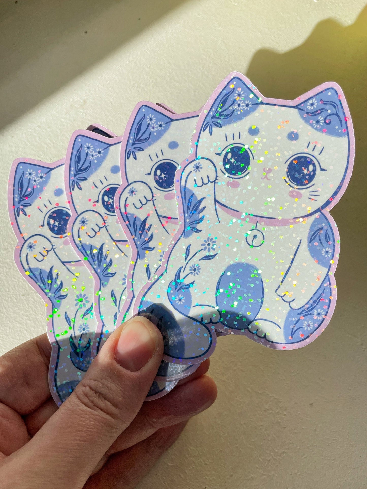 Lucky Cat Holographic Vinyl Stickers - Kawaii, Waterproof