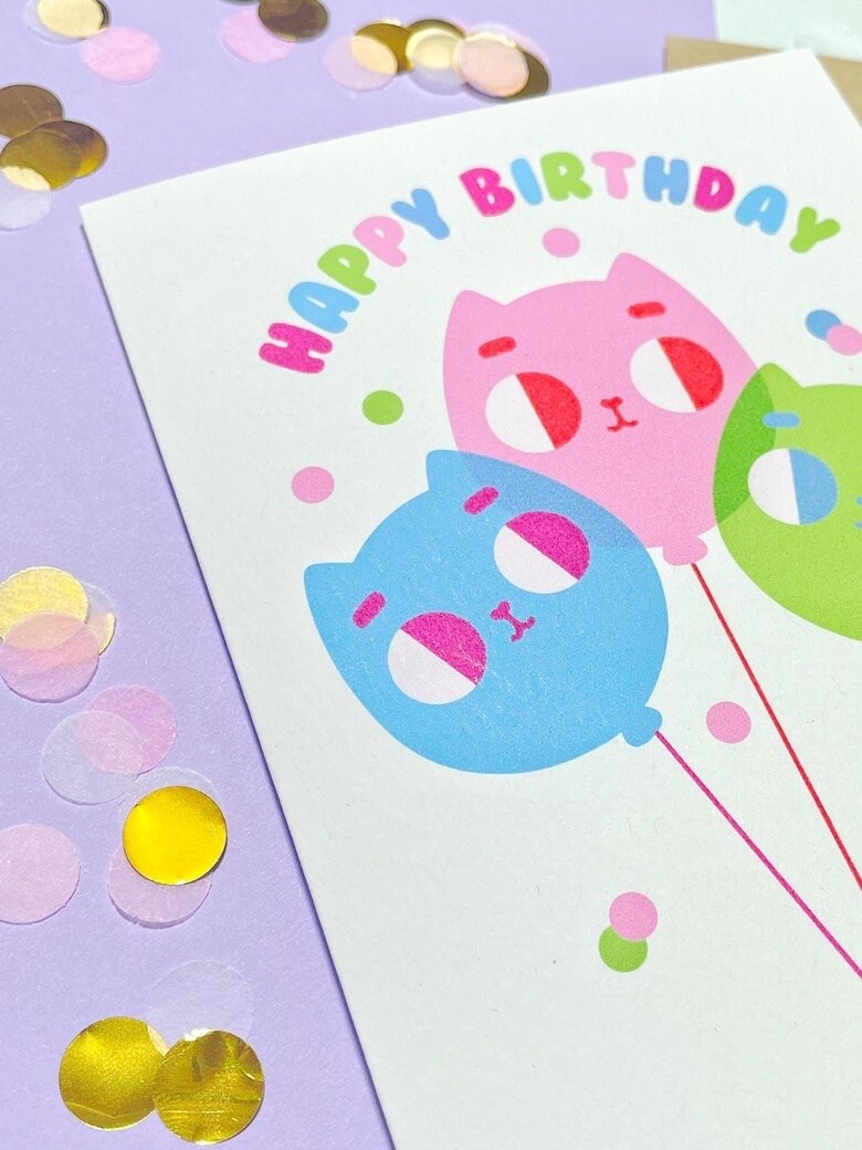 Cute Cat Birthday Card - Kawaii Cat Balloons