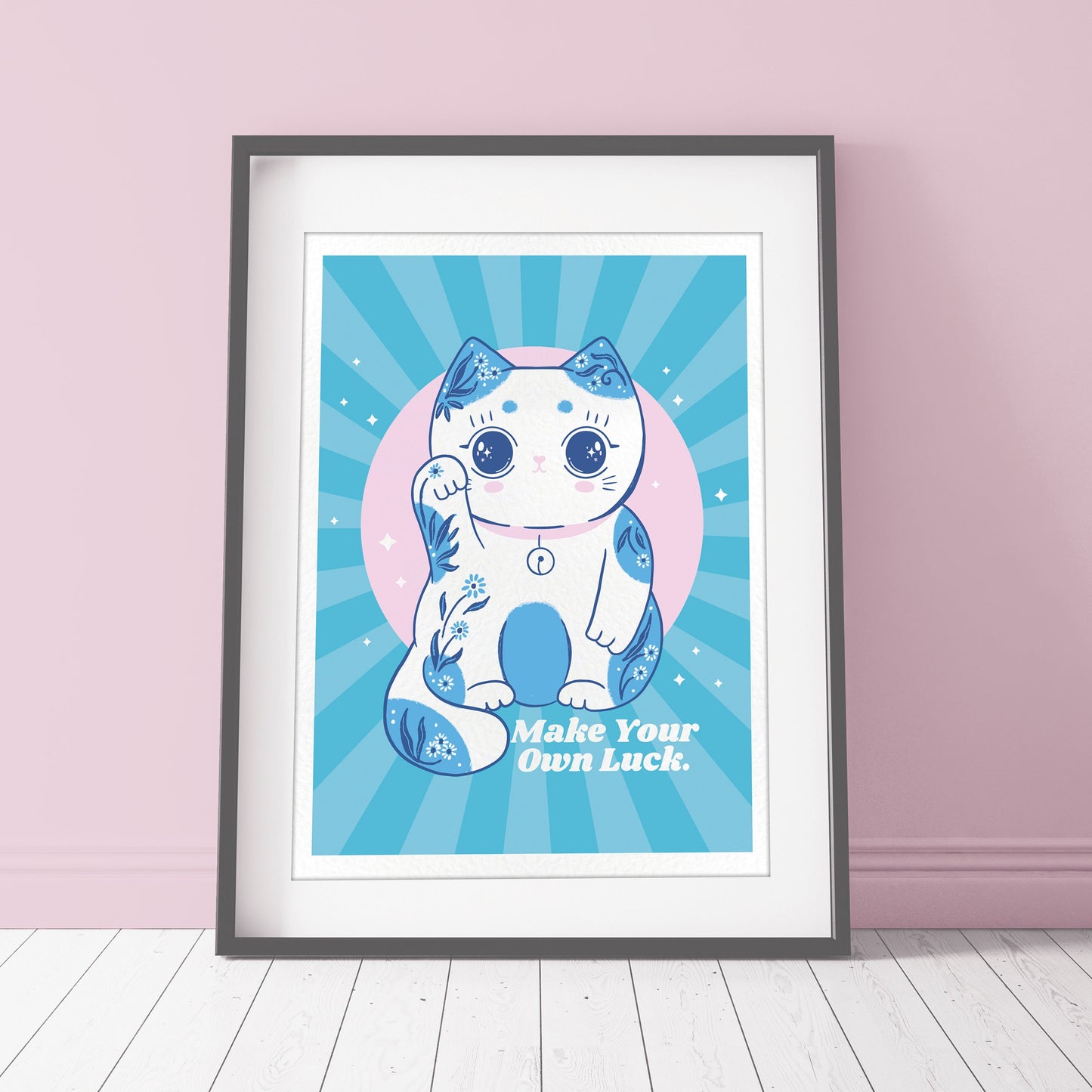Lucky Cat Art Print – Cute Kawaii Cat Art for Cat Lovers | Charming Lucky Cat Wall Decor