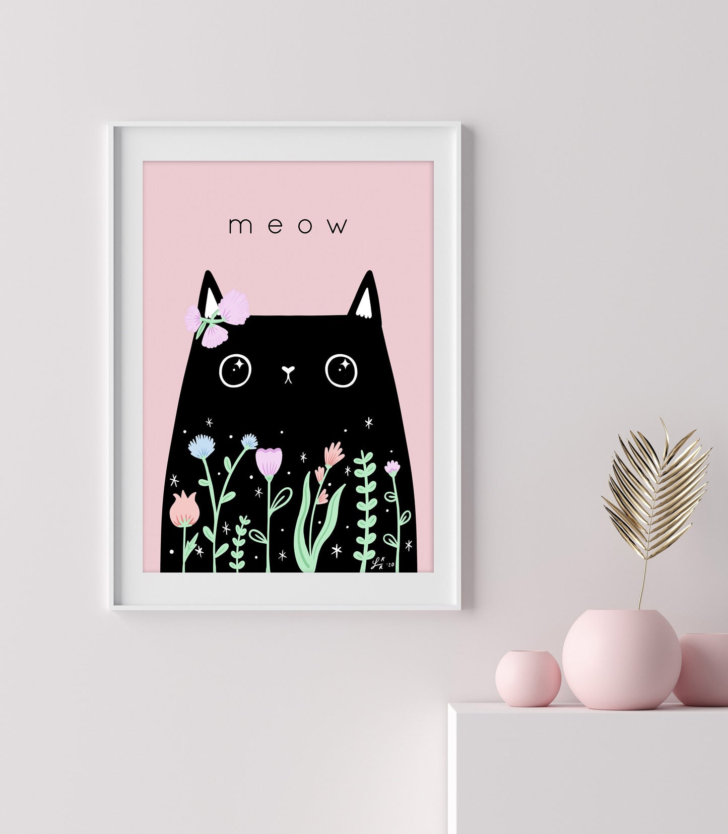Floral Black Cat Art Print – Cute Meow Cat Print, Perfect Birthday Gift for Cat Lovers