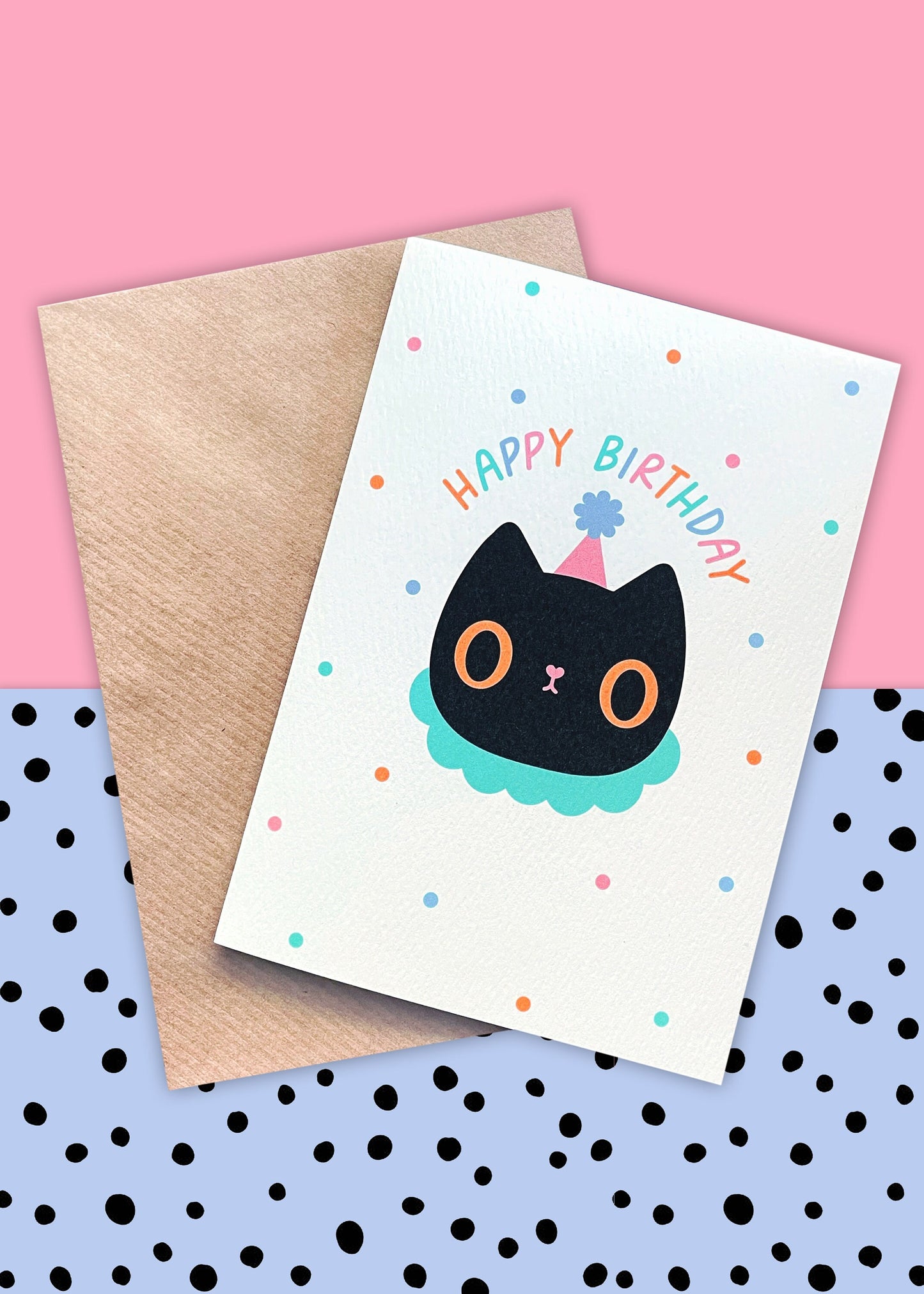 Party Cat Birthday Card - eco friendly recycled - super cute kawaii greeting card