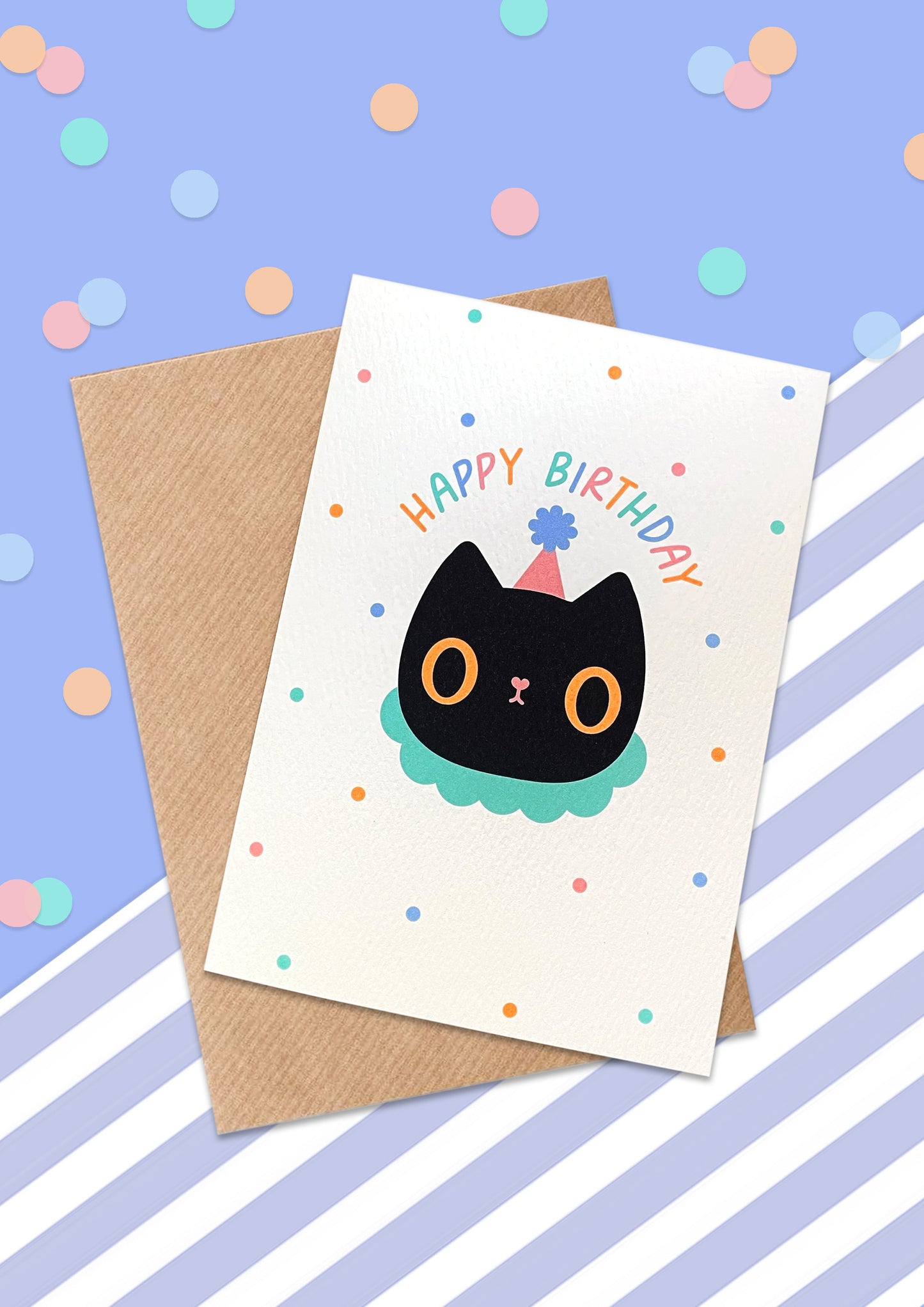 Party Cat Birthday Card - eco friendly recycled - super cute kawaii greeting card