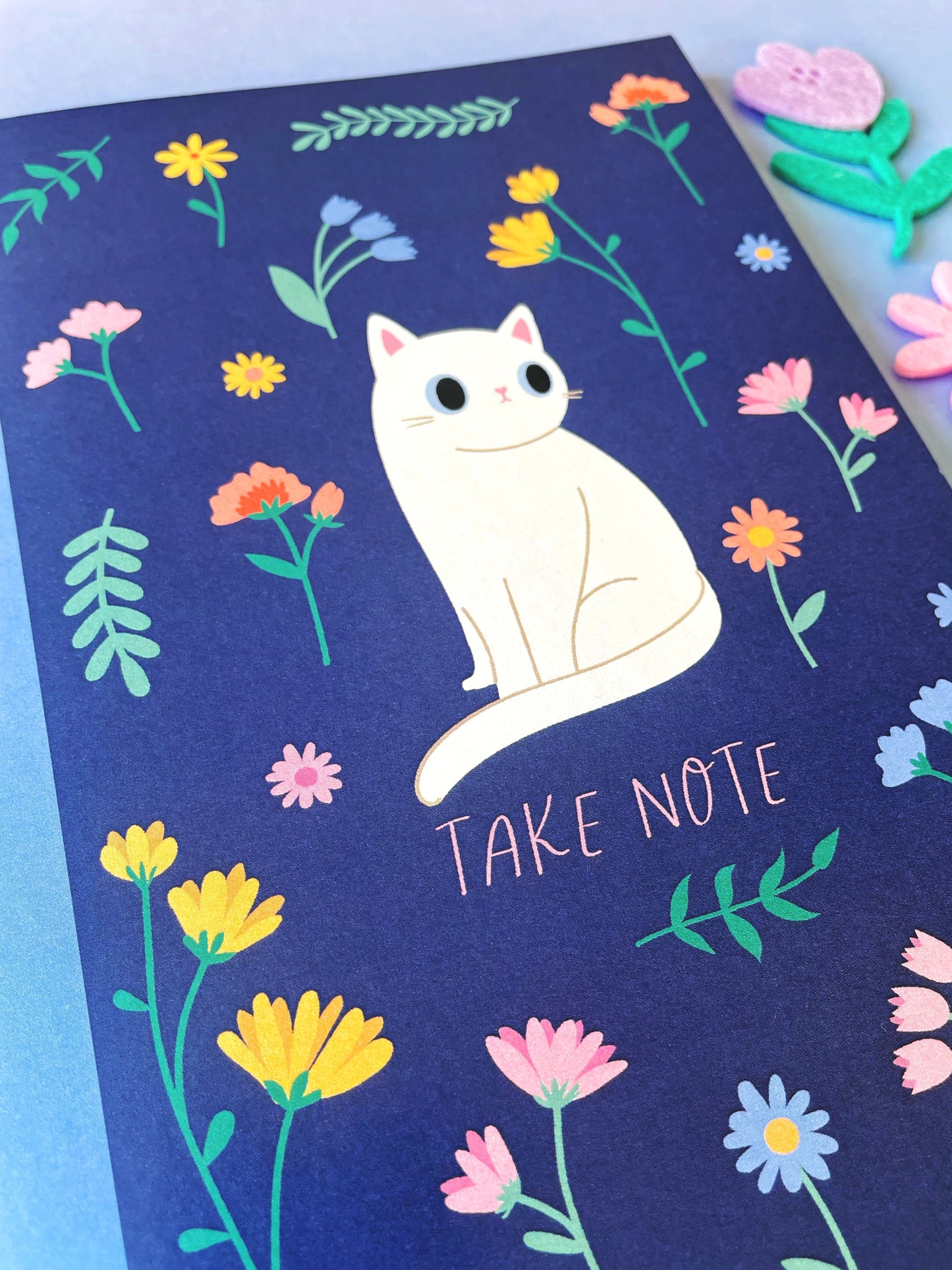 Eco-Friendly Wildflower A5 Notebook with White Cat Illustration – Cute Recycled Stationery for Cat Lovers