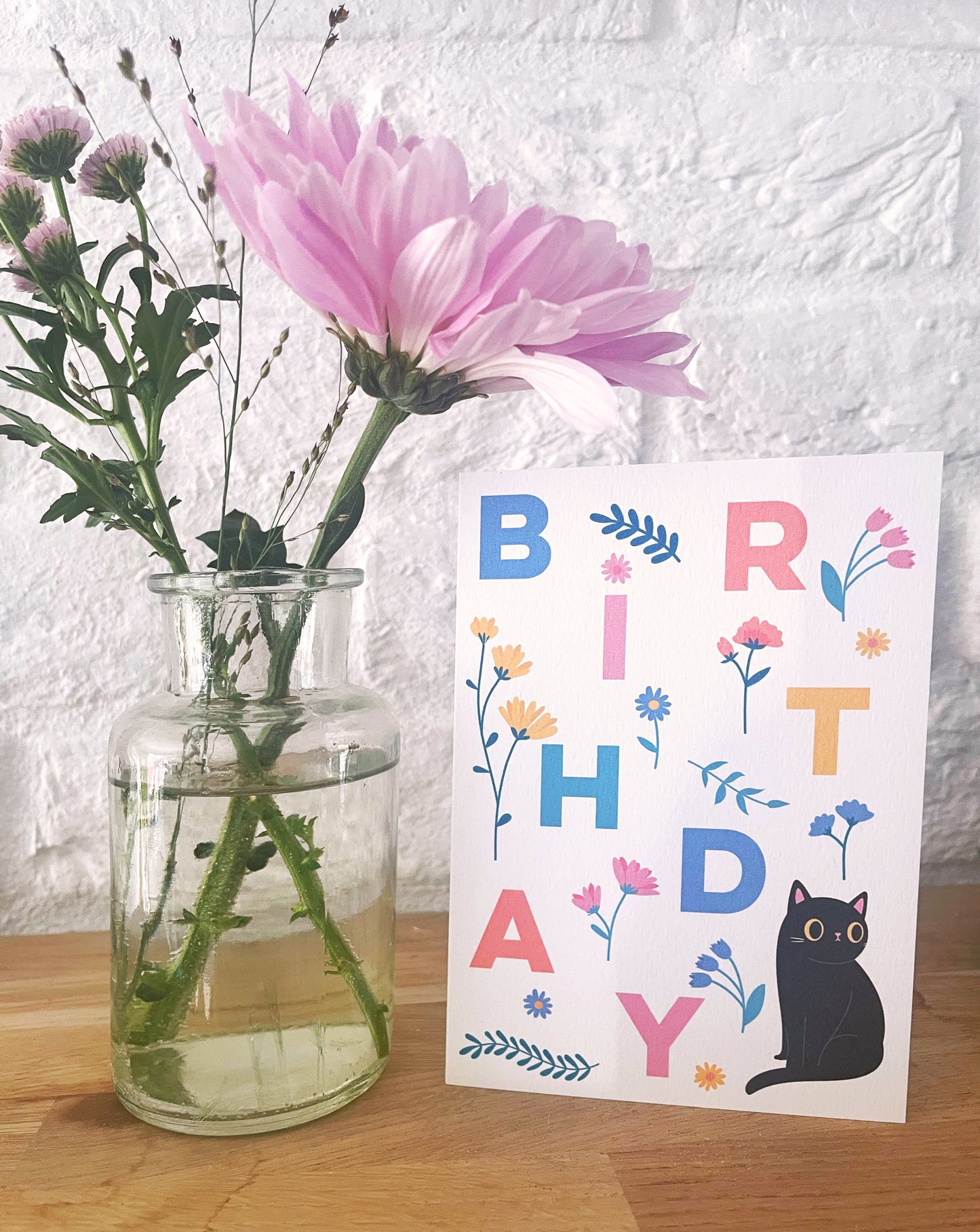 Happy Birthday Card - black cat with flowers - eco friendly card