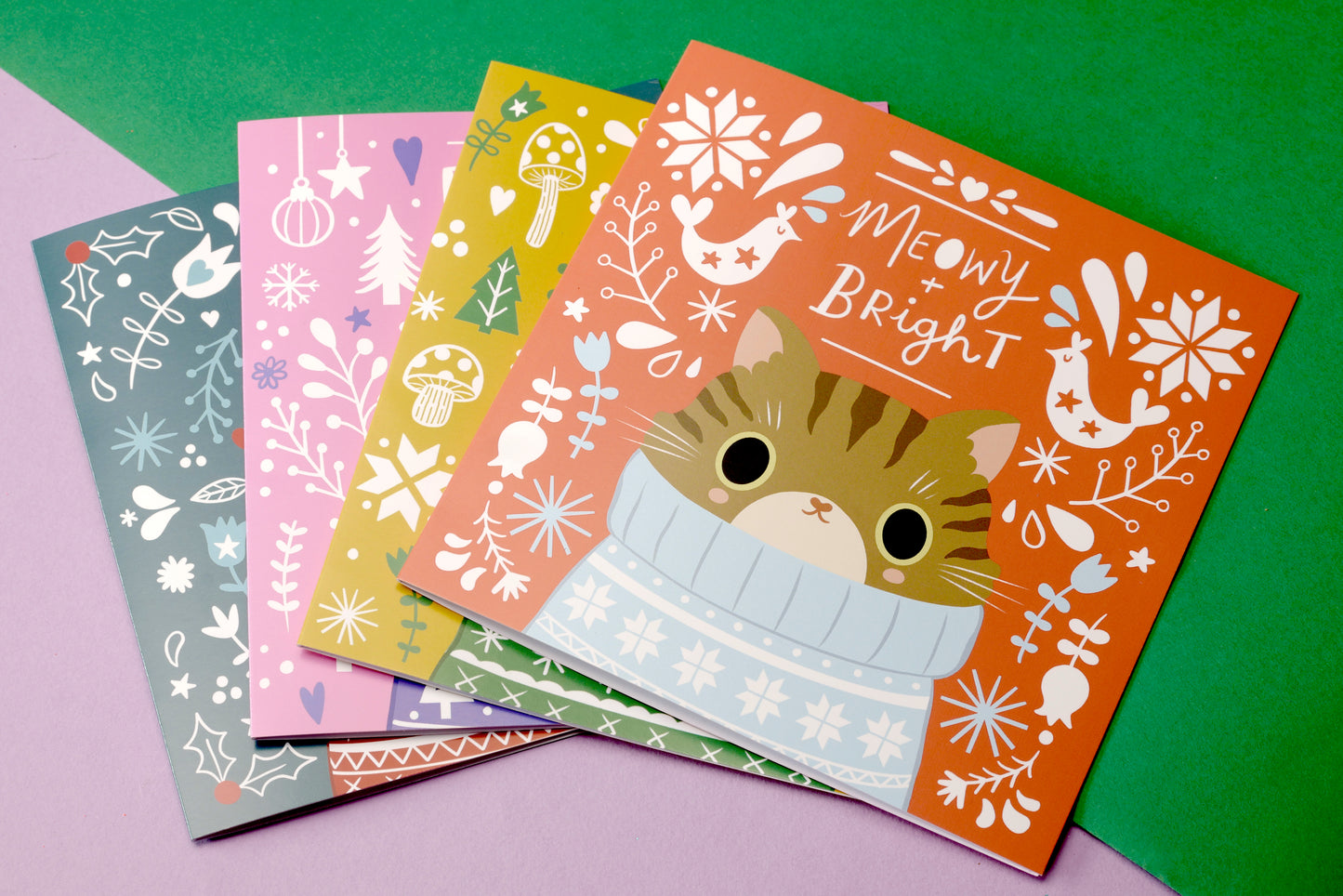 2025 Cozy Nordic Cat Christmas Card Set – Cute Cats in Festive Sweaters