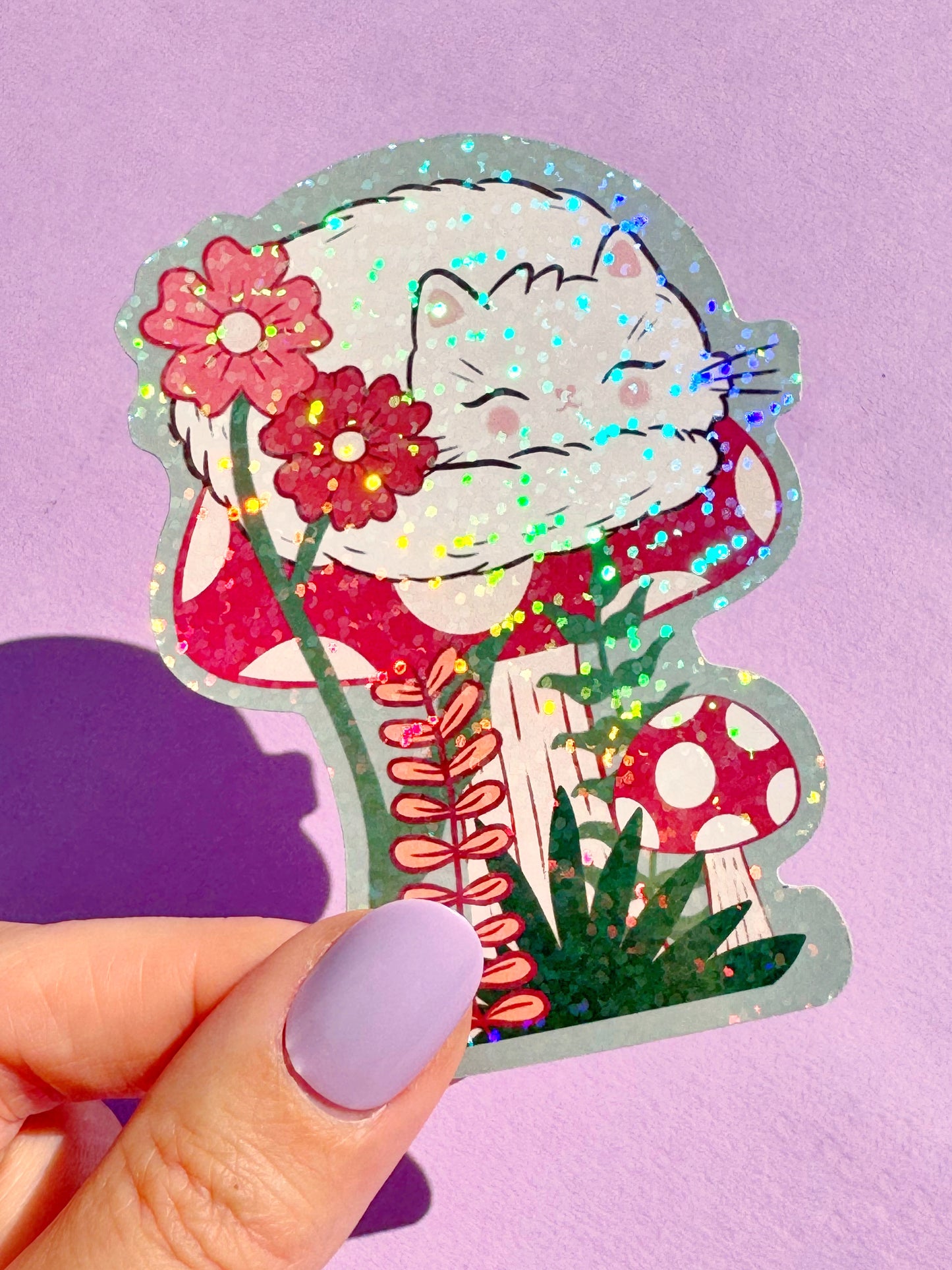 Autumn wonderland cat toadstool sticker Kawaii Sleeping Cat Sticker - Sparkly Holographic Kitty, Cute decal for Laptops, Water Bottles