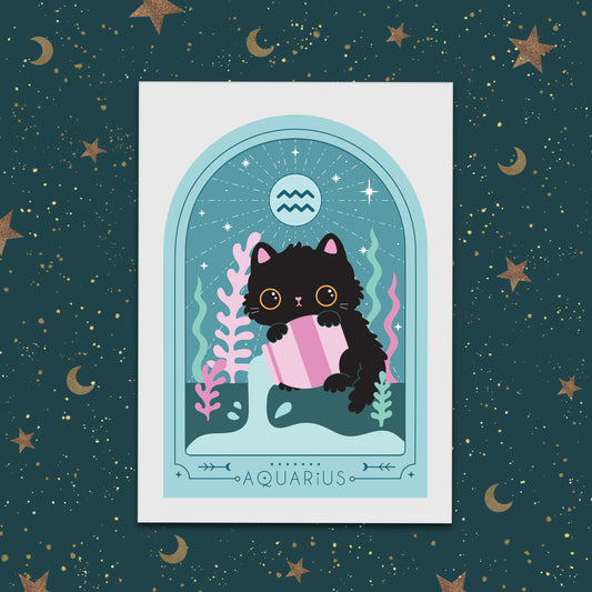 Aquarius Zodiac Kitty Art print cute star sign print - Astrology art