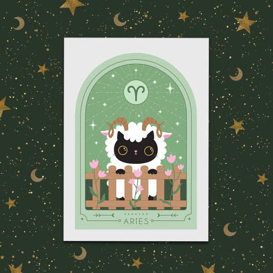 Aries Zodiac Kitty Art print cute star sign print - Astrology art