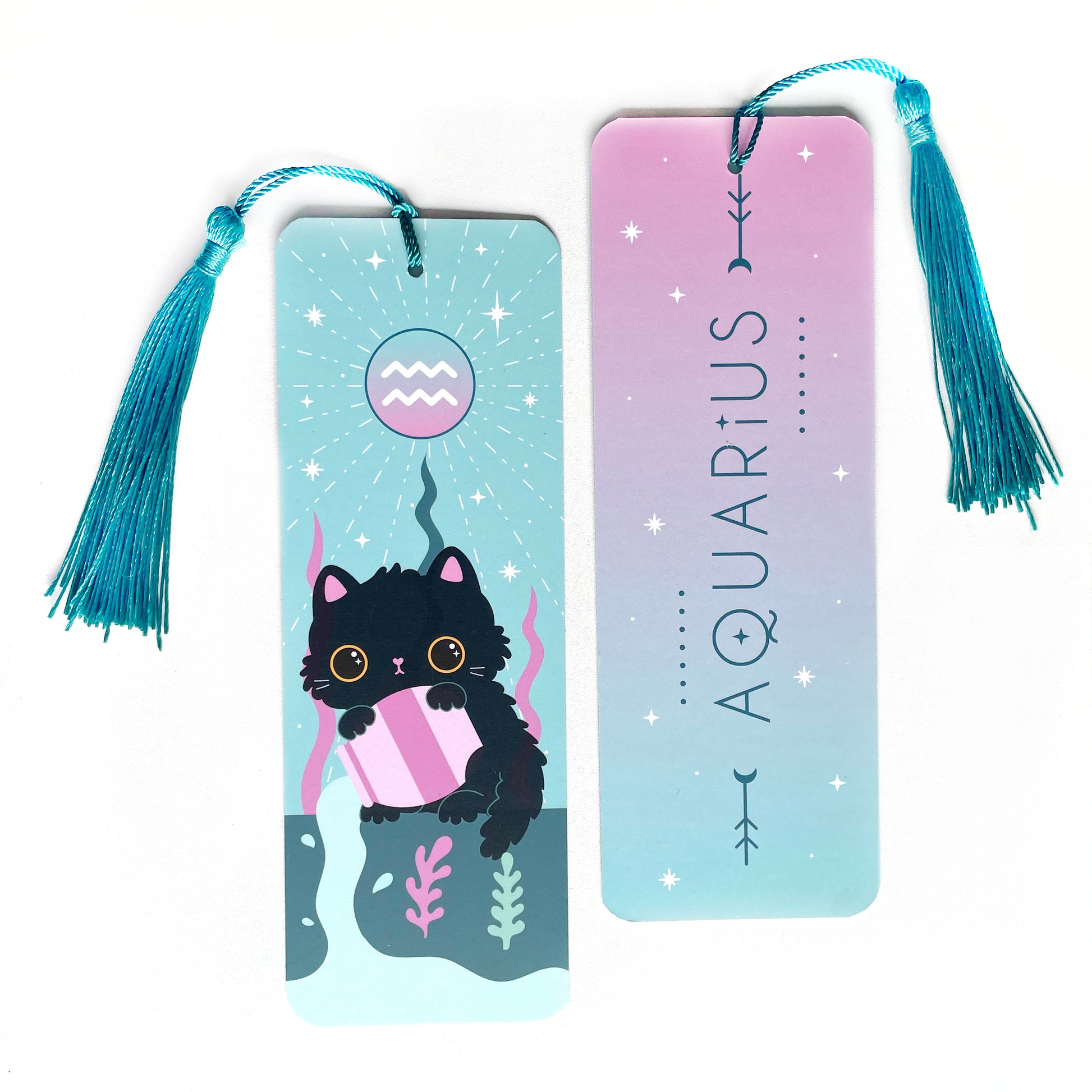 Aquarius cat bookmark with cute tassel, double-sided design, perfect for cat lovers and Aquarius astrology fans