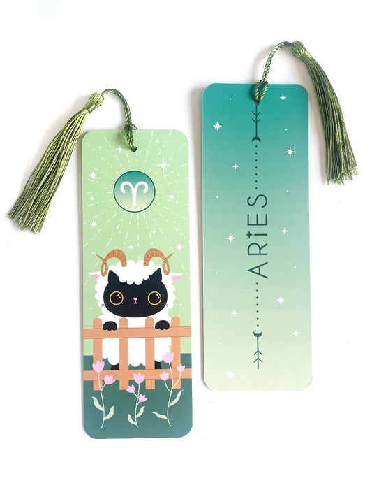 Aries zodiac bookmark - Cute cat illustration of Aries star sign on a green bookmark