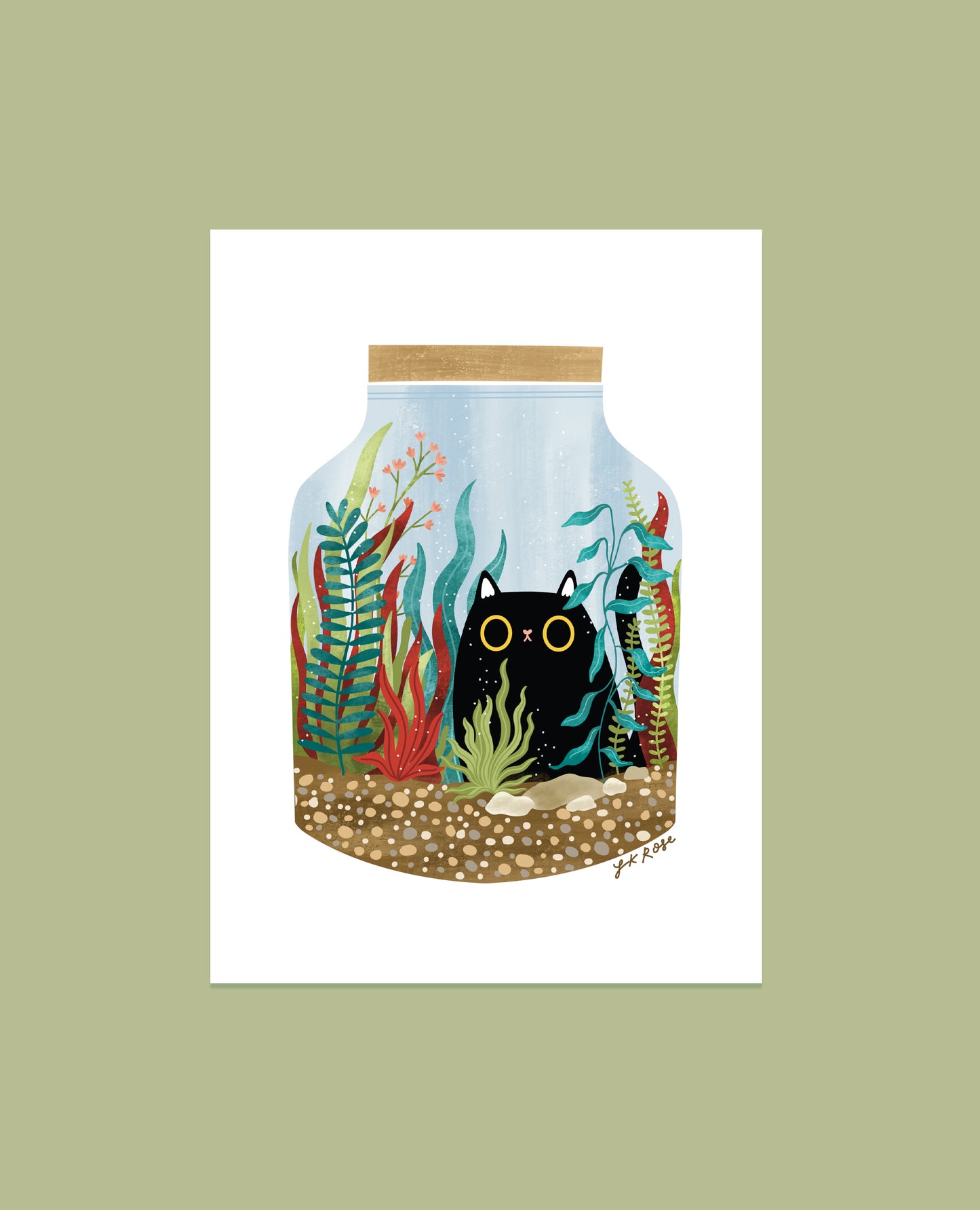 Black Cat Purrarium art print - cute kawaii art print - terrarium cat art print