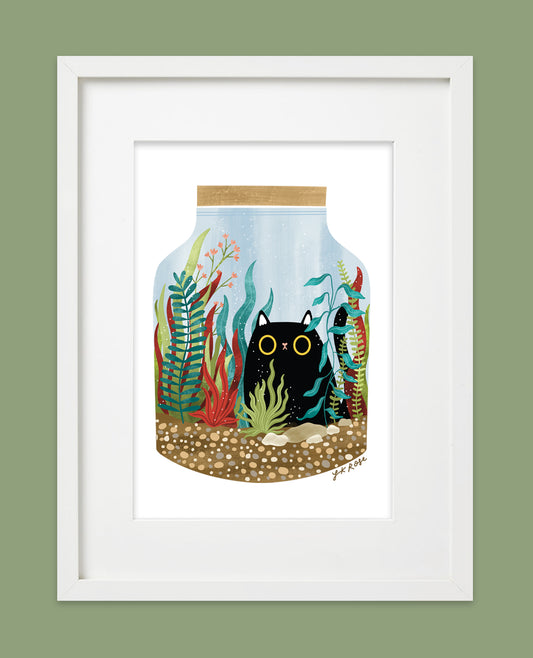 Black Cat Purrarium art print - cute kawaii art print - terrarium cat art print