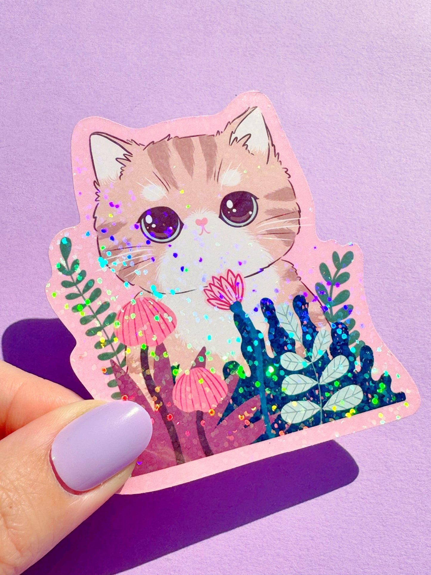 Forest Bloom -Kawaii Striped Cat Sticker - Pink Floral Kitty, Cute Flower Decal for Laptops, Water Bottles