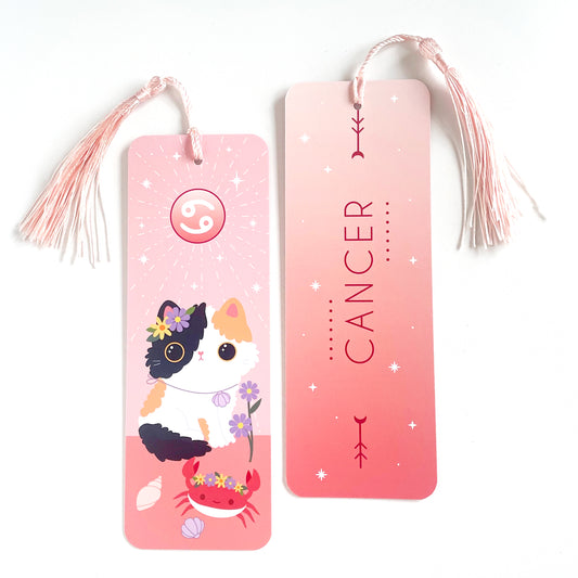 Cancer cat bookmark featuring a calico cat with a crab friend, with a cute tassel, perfect for Cancer fans and cat lovers